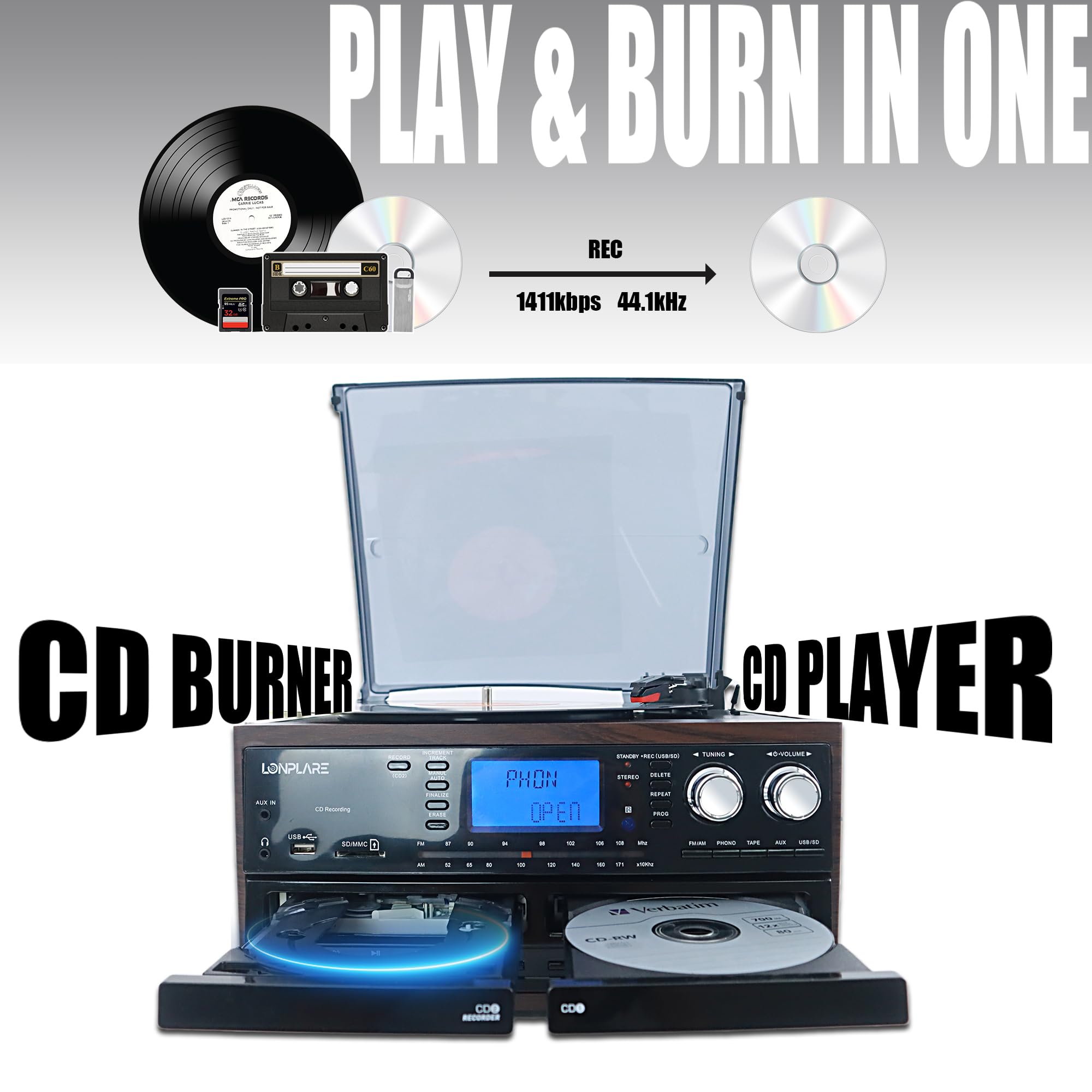 All-in-one Stereo System All-in-One 3-Speed Vinyl Record Player With CD ...