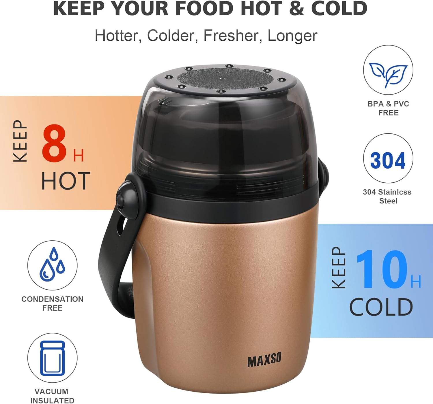 MAXSO Soup Thermo for Hot Food 32 OZ Lunch Container for Adults Vacuum Insulated Stainless Steel Tritan Food Jar Leakproof Wide Mouth Bento Box with Spoon - Gold
