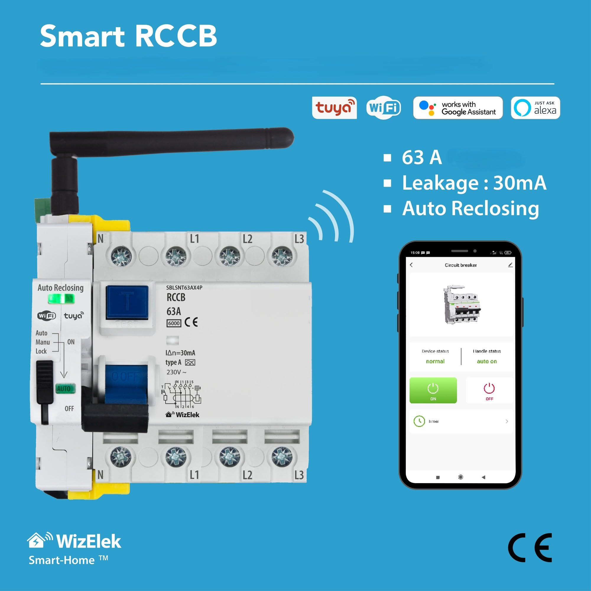 Smart-Home Salvavita Wi-Fi Tuya con Riarmo Automatico 4P Trifase 63A 30mA Tipo A&AC – Controllo Remoto – 5 Moduli DIN – RCCB EN 61008-1