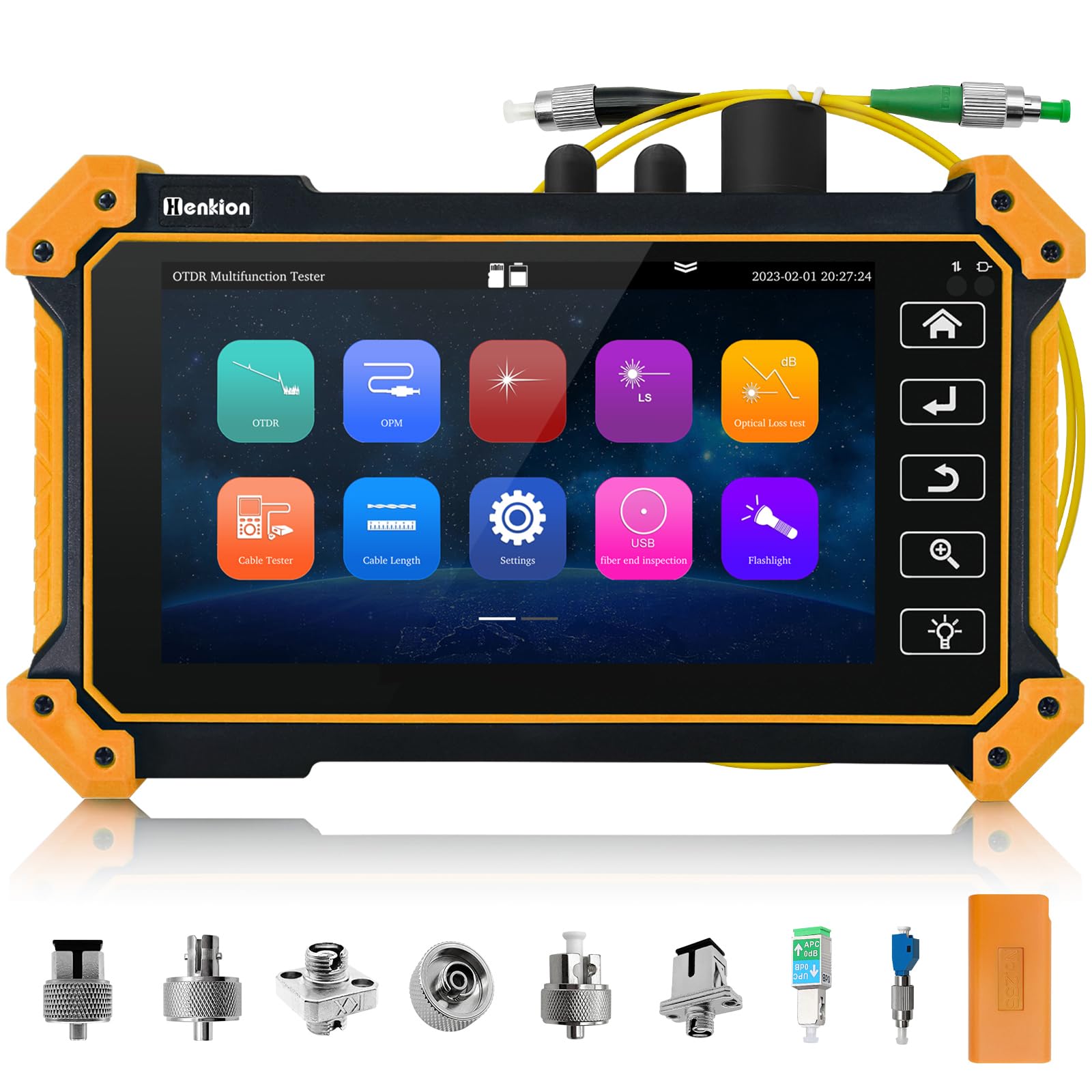 Henkion OTDR Glasfasertester RSO-50 1610 nm 26 dB, 1310/1490/1550/1577 nm Live Testing, OPM, LS, OLS, Ereigniskarte, Kabeltester, 8 verschiedene Glasfaseradapter, Dateieinstellungen/Bericht