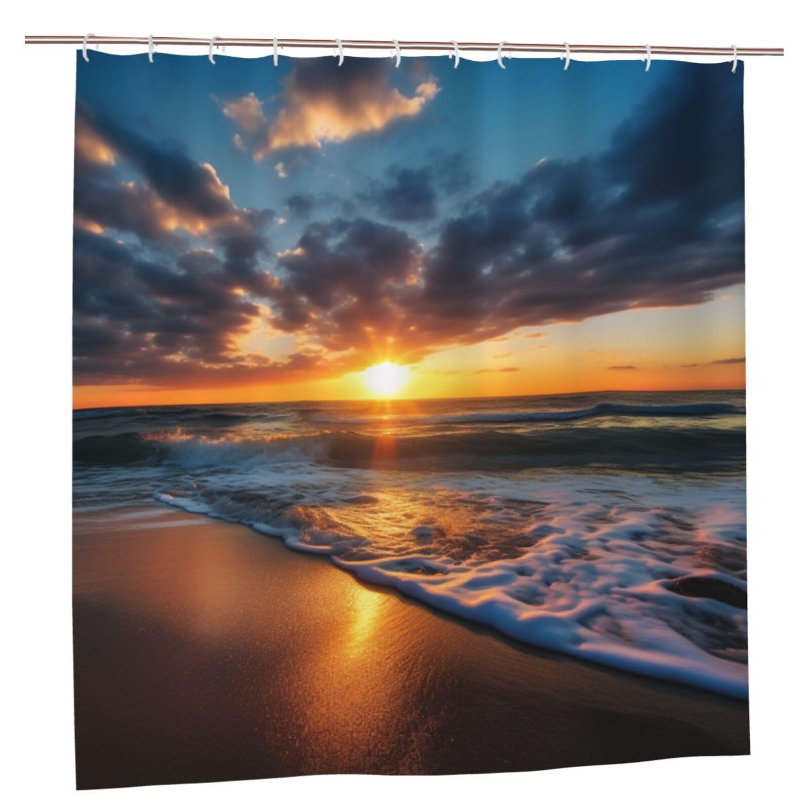 BWWHCCTI Beautiful Sunrise on Sea Printed Shower Curtain With 12 Plastic Hooks Opaque Quick Drying Waterproof Shower Curtains Sets For Bathroom 183x183 CM