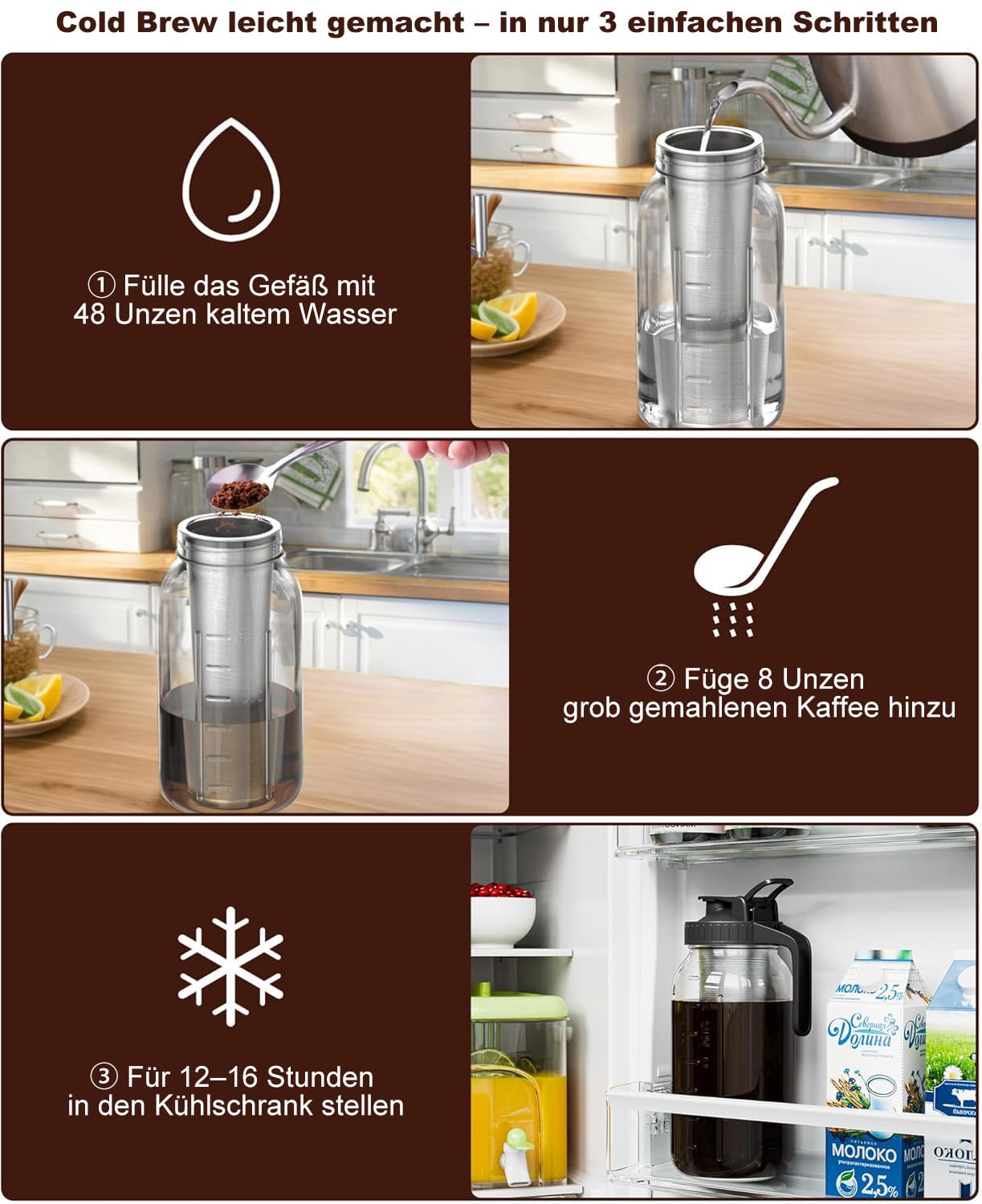 1.8 l Kaltgebrühte Kaffeemaschine – Einmachglaskrug mit Deckel und Auslauf, kein Auslaufen, Eiskaffeemaschine mit Edelstahlfilter, Eistee, Limonade und kaltgebrühtes Gebräu (schwarz)