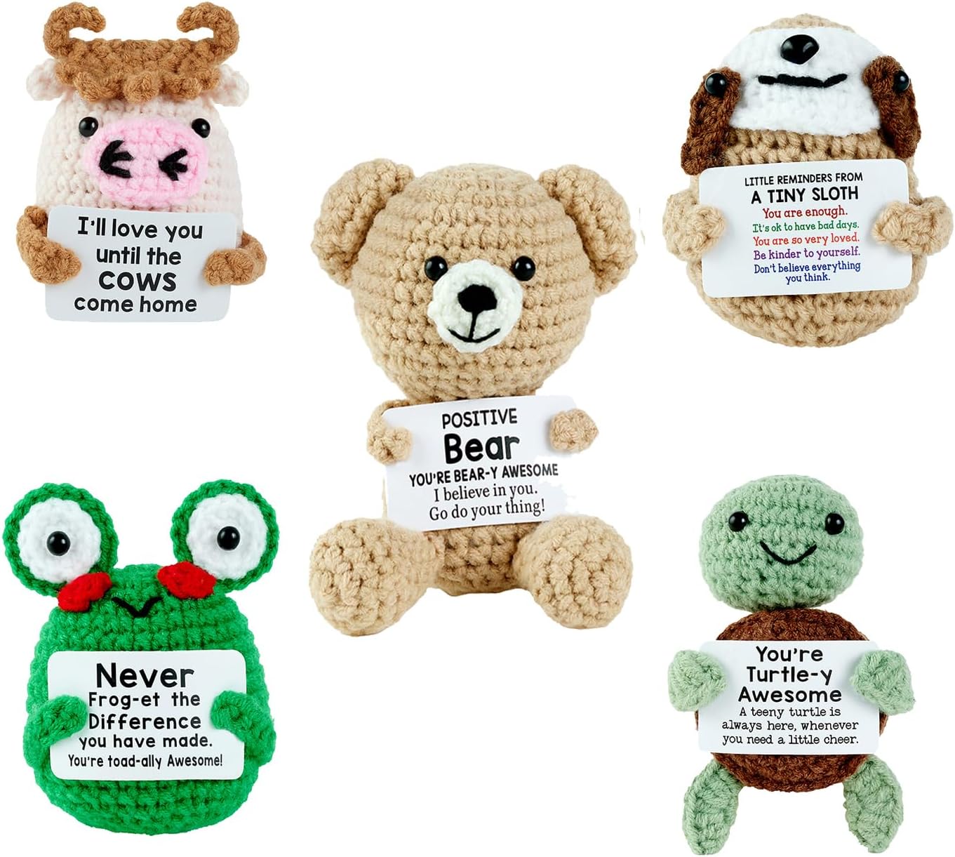 Funny 5 Pieces Mini Positive Crochet Animals,Graduation Gifts for Her Him 2025, Mental Health Emotional Cheer Up Support Positive Turtle Sloth Frog Moo Bear, Positive Gifts for Mom Graduation