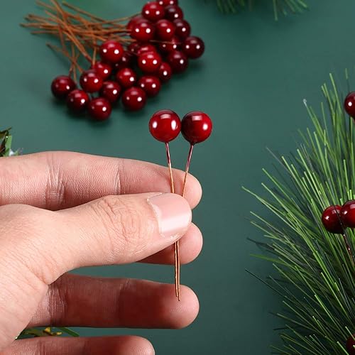Miniatura 8 de Bayas artificiales BBTO, 100 bayas artificiales de 0.4 pulgadas, decoración de bayas falsas en alambre, para decoración de árbol de Navidad, corona