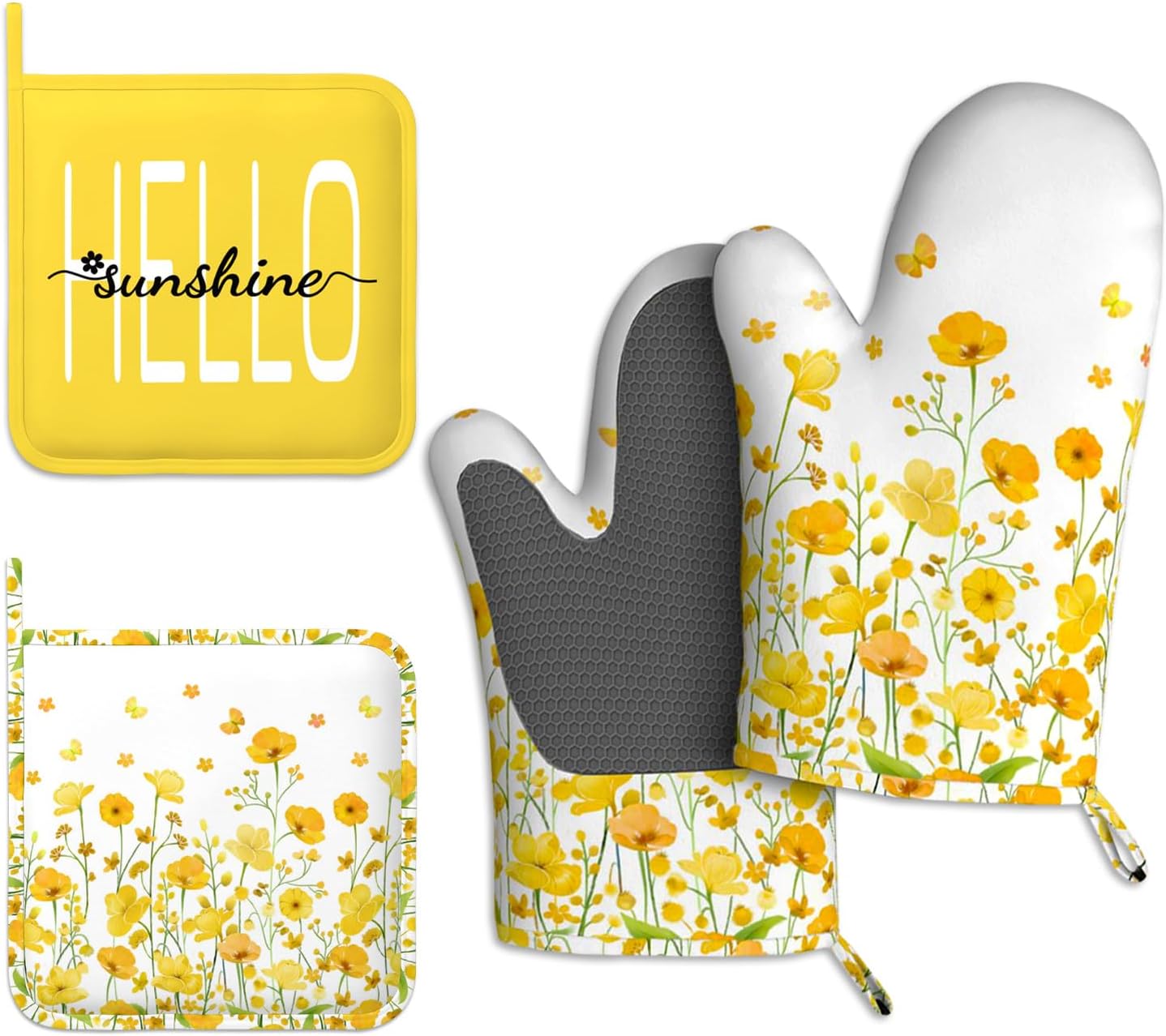 Yellow Flowers Oven Mitts and Pot Holders 4pcs Set, Hello Sunshine Kitchen Oven Gloves 11 inch, Summer Flower Heat Resistant Kitchen Glove Hot Pads, Floral Oven Mitts and Potholder for Kitchen