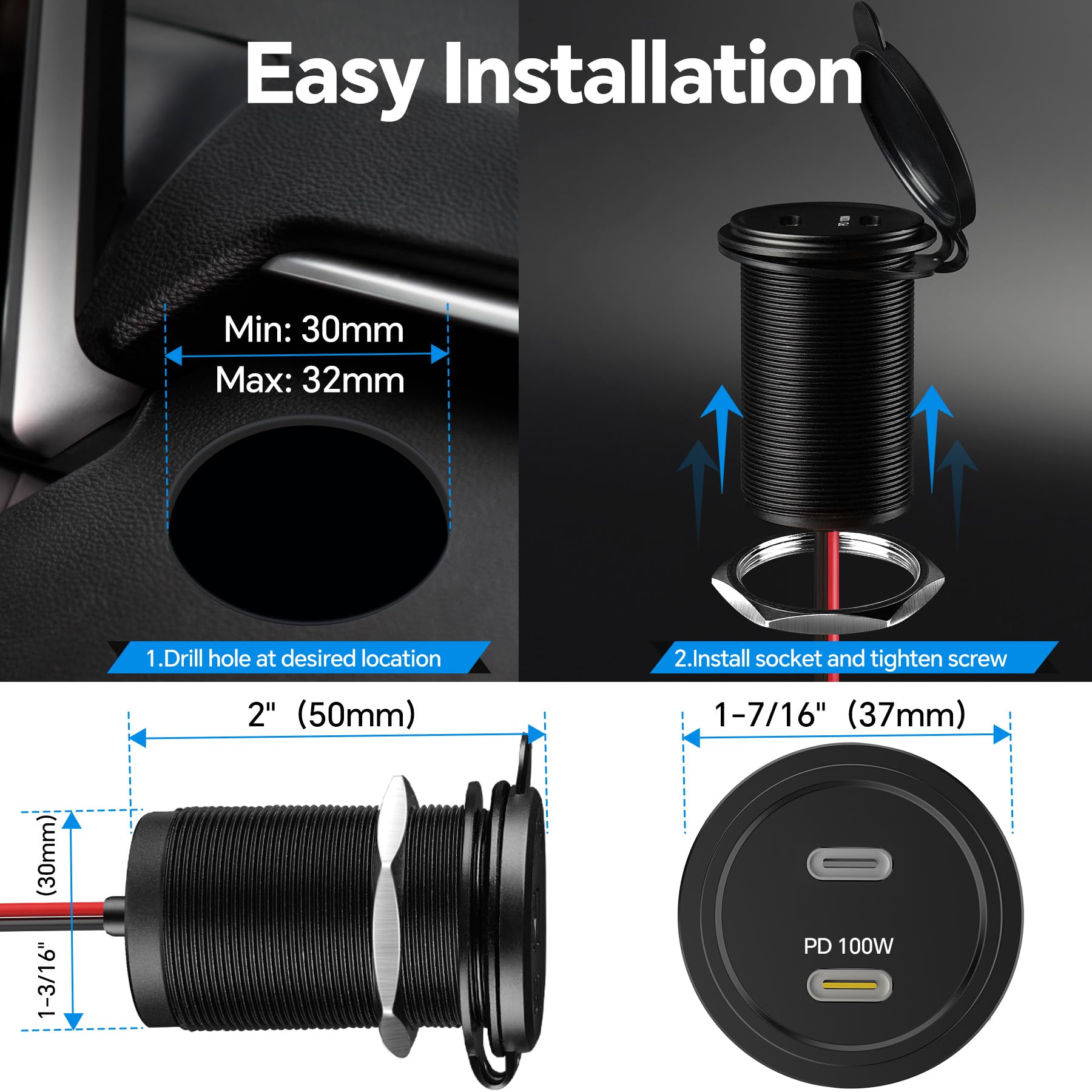 acegoo Gniazdo USB C 12 V 100 W PD i 20 W PD Campervan gniazdo USB, całkowicie aluminiowa wodoodporna ładowarka do laptopa, szybkie ładowanie do kampera, łodzi, autobusu, samochodu, ciężarówki, ATV