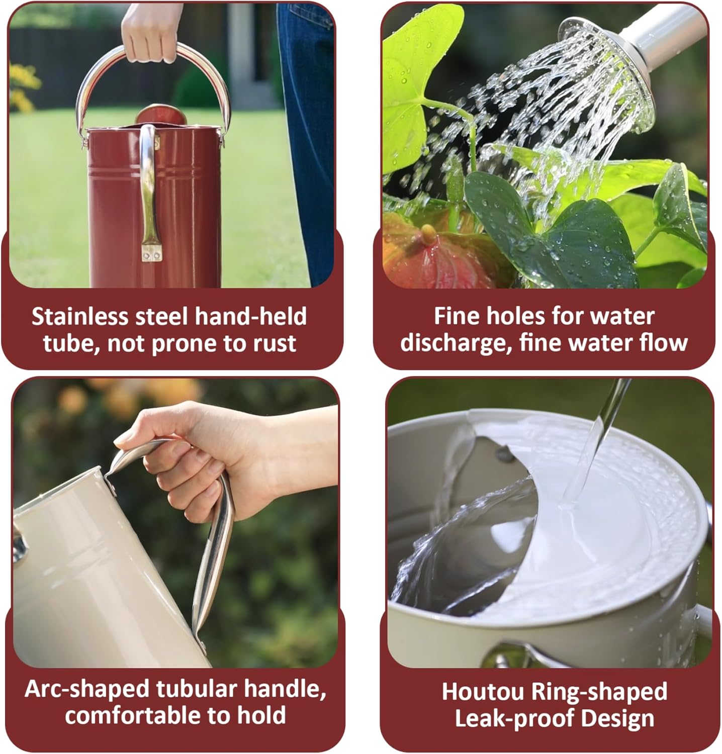 Large Watering Can, Stainless Steel Watering Can, 1.3 Gallon/5L Large Metal with Removable Spout and 2 Handles for Outdoor & Indoor Plants, Claret