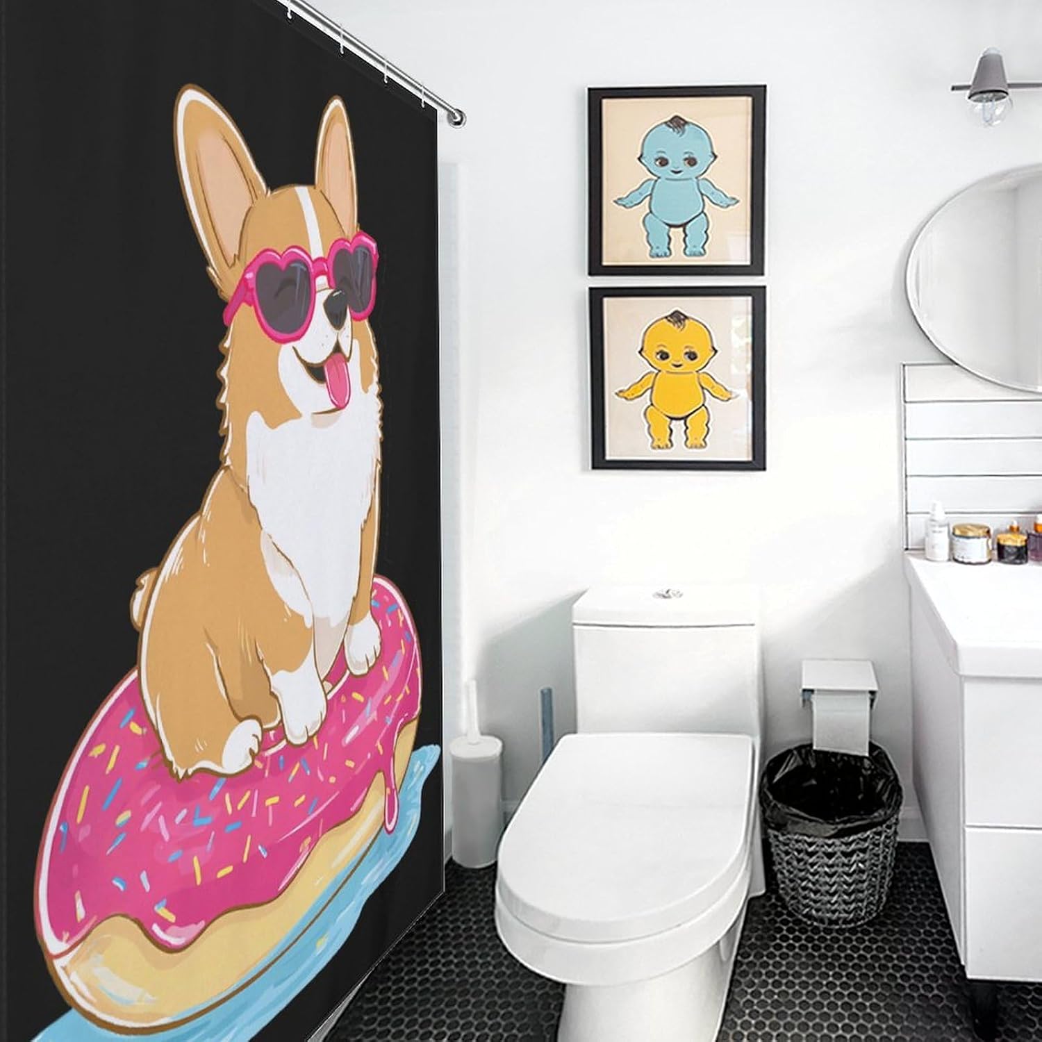 Corgi Dog Swimming Ring Donut Fabric Shower Curtain Liner Bath Bathroom | machine washable,with 12 hooks,stainless steel grommets,room divider