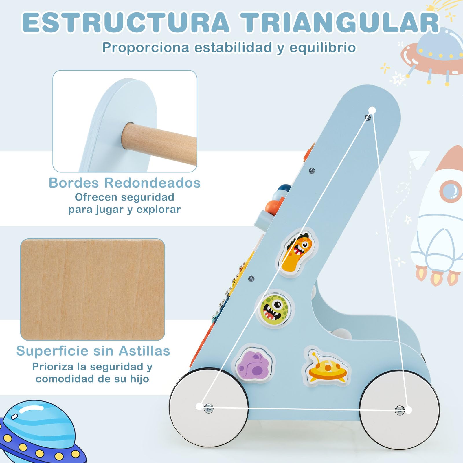 COSTWAY Andador Bebés de Madera 8 en 1, Caminador de Madera Bebé, Centro de Actividades de Aprendizaje de Empujar, Juguete Montessori con Ruedas, Carrito Correpasillos para Niños de 1+ Años (Azul)