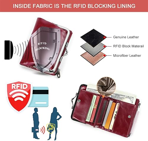 Miniatura 3 de CONTACTS Cartera de cuero con cierre de beso para mujer, con cremallera, bolsillo para monedas, vintage, plegable, Rfid, tarjetero, Rojo -, Chic