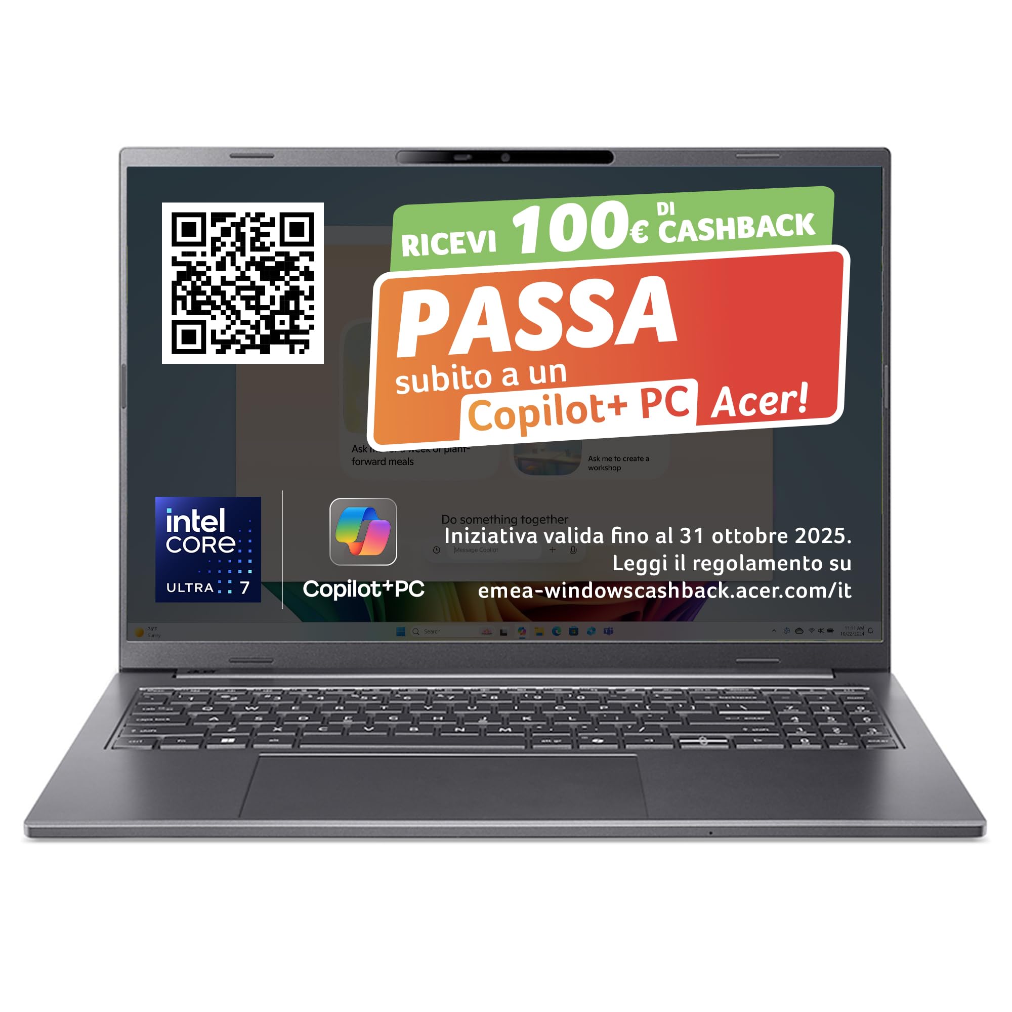 acer Aspire 16 AI Laptop | Display 16” WUXGA+ OLED | Processore Intel Core Ultra 7-256V | 16 GB RAM | 512 GB SSD | Copilot+ PC | Windows 11 | QWERTY | PC Portatile IA