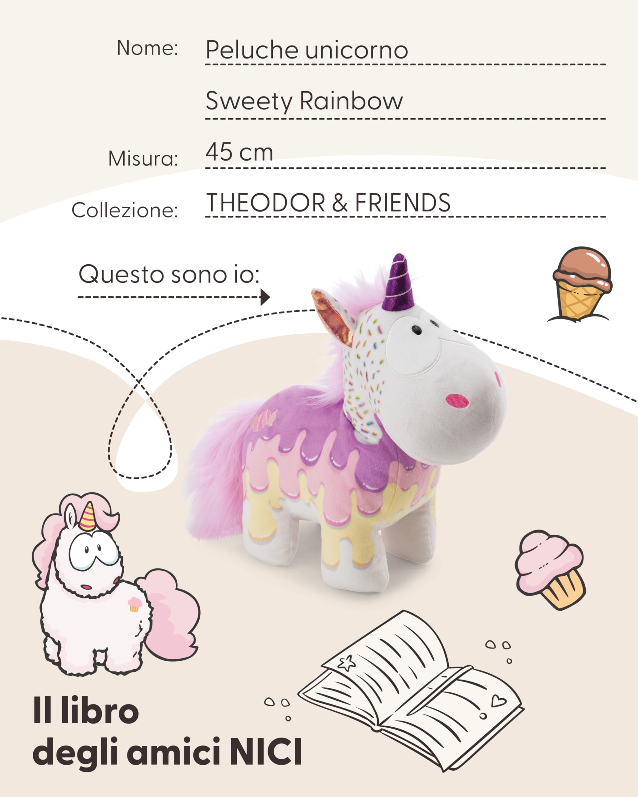 NICI 61910 Sweety Rainbow Unicorno di peluche morbido, tenero pupazzo per coccole e giochi, per adulti e bambini, 45 cm, bianco