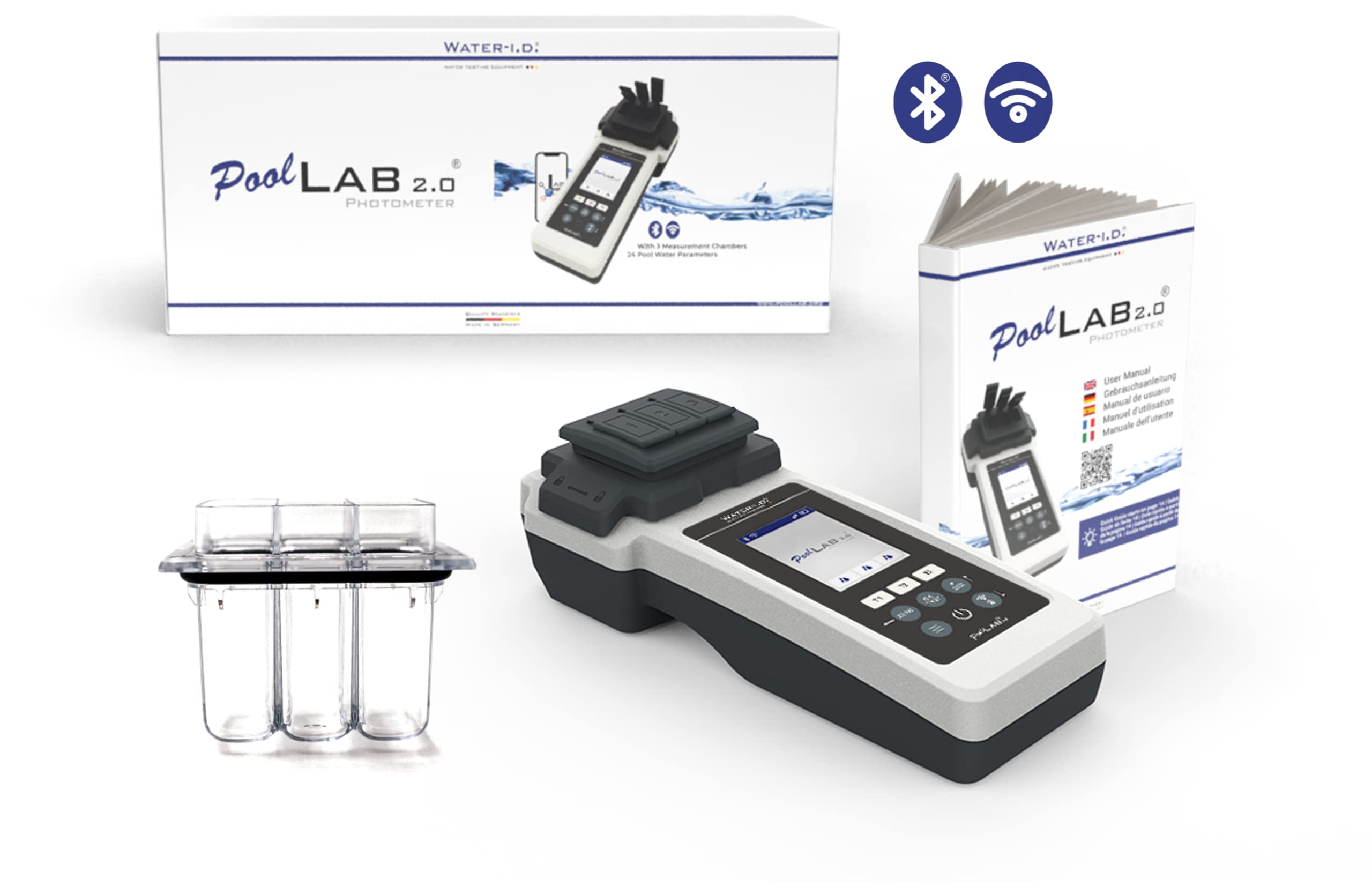 PoolLab 2.0 con 70 pastillas de prueba y "EXTRA Küvette" Special Edition para MediMuc – 15 parámetros – App, software