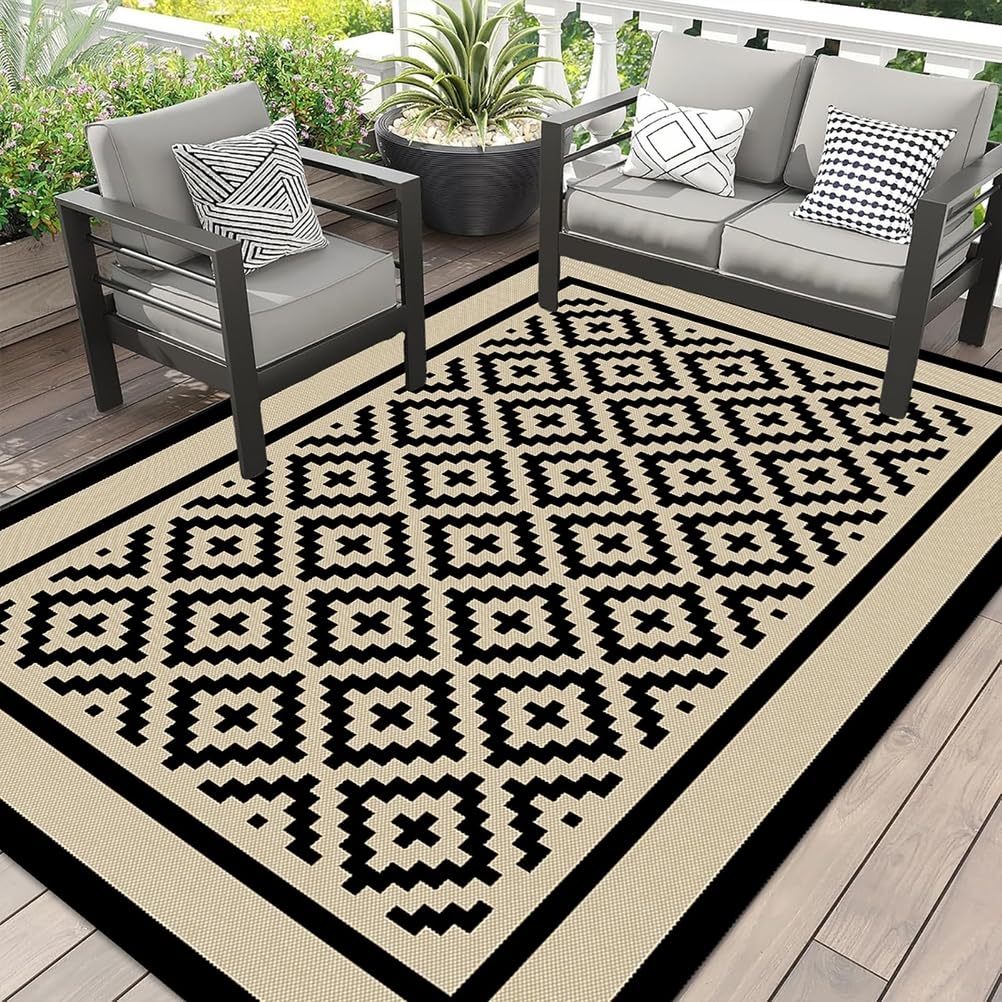 Tapis Extérieur Terrasse Beige et Noir 120x180,Tapis Plastique Antidérapant Moderne,Tapis d'extérieur Imperméable,Resistant Pluie,Réversible pour Jardin Balcon Porche Plage Pique-Nique Camping