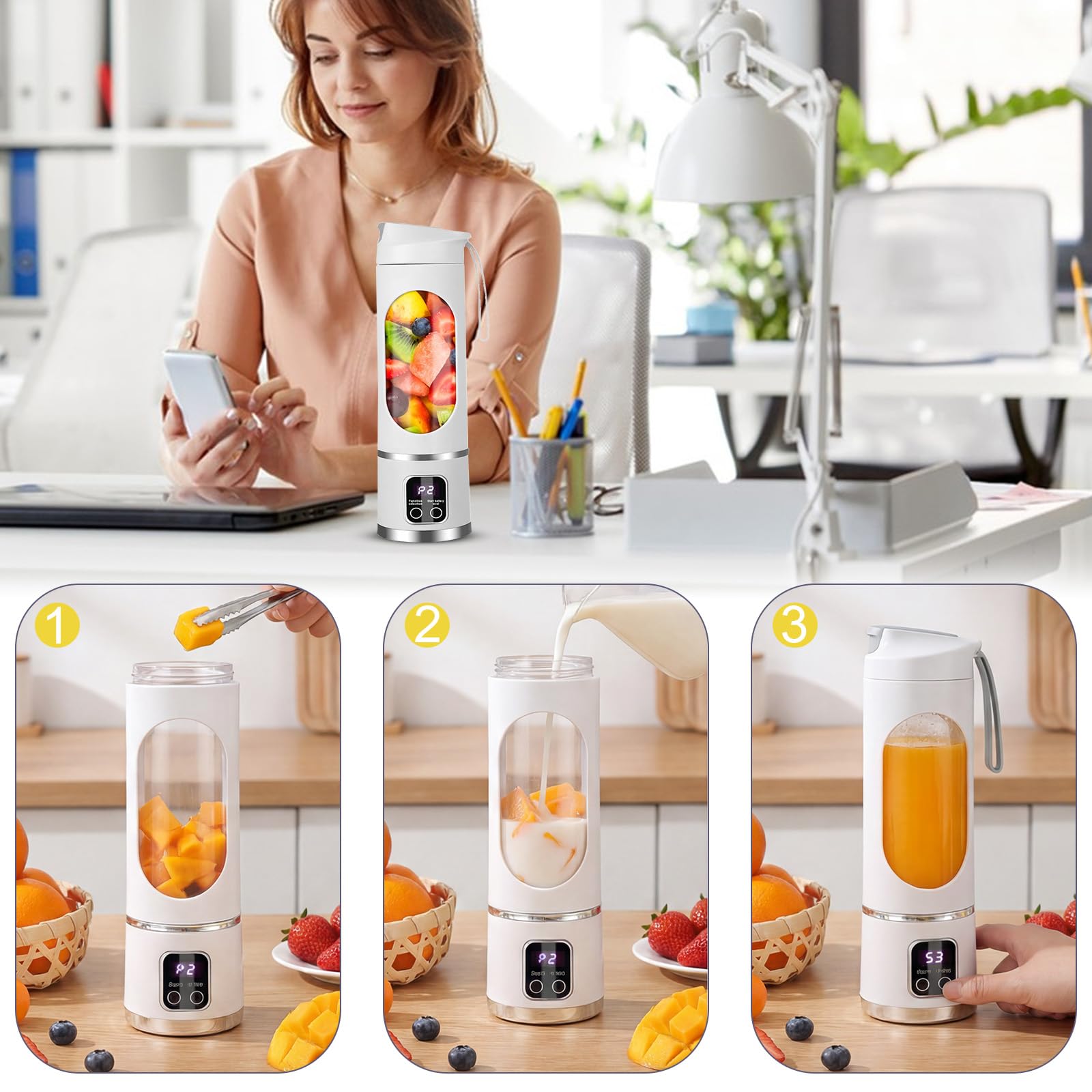 Yuragim Tragbarer Mixer Smoothie Maker To Go, 450ML Portable Blender mit LED Display & 12 Edelstahlklingen, Kabelloser Mini Standmixer USB-C Wiederaufladbar für Shakes, Sport, Reisen und Outdoor