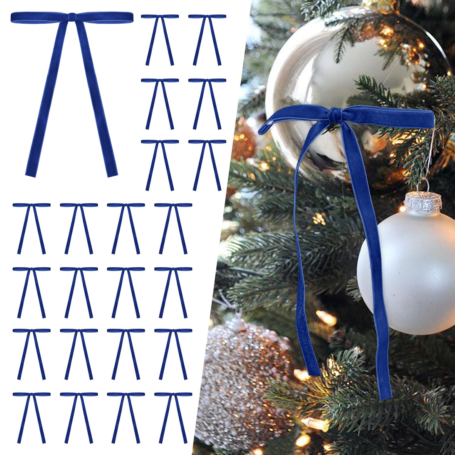 SIMISI RIBBON 24Pcs Blue Christmas Velvet Ribbon Bows Decorations Xmas Ornaments Vintage Decor for Tree, Wreath, Garland (3/8'' Width, 5 * 7 inch)