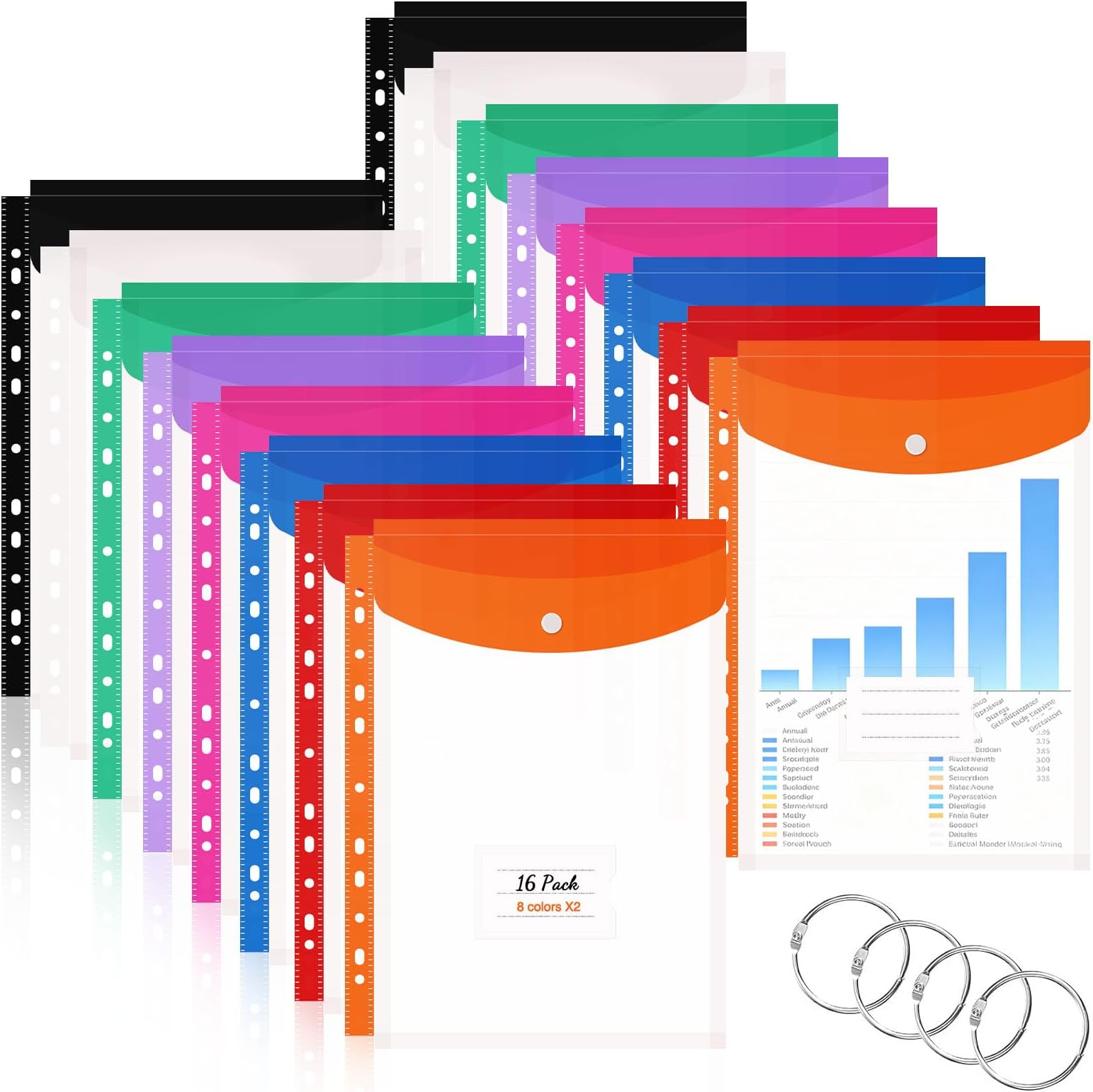 Plastic Wallets A4 Punched Pockets - 16 Pcs Poly Pockets A4 Expandable Folders Plastic Document Files with Button, Tab Card, and 4 Binders Plastic Folders for School, Office, Home, Travel（8 Colors）