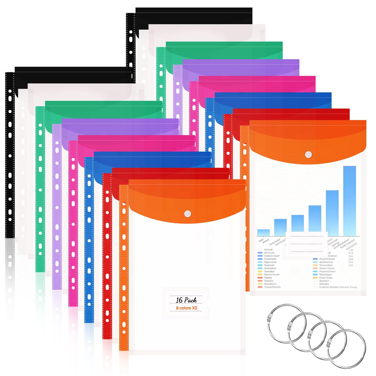Plastic Wallets A4 Punched Pockets - 16 Pcs Poly Pockets A4 Expandable Folders Plastic Document Files with Button, Tab Card, and 4 Binders Plastic Folders for School, Office, Home, Travel（8 Colors）