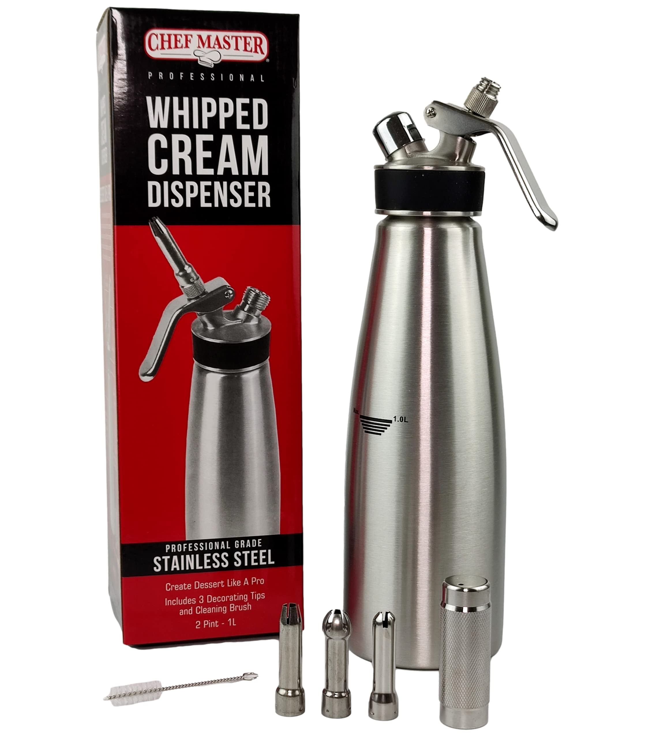 Chef Master 90079 Whipped Cream Dispenser, 1 Liter / 2 Pint Stainless Steel Whip Cream Dispenser w/Cleaning Brush, Decorating Tip for Cakes, Coffee, Waffle & Latte for Hotel, Restaurant & Coffee Shop