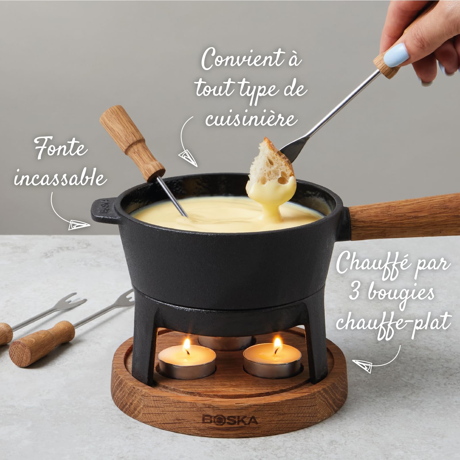Boska Appareil à fondue Pro S - Fondue - Service à Fondue - Pour 350 gr - Fromage Fondu - inc. Fourchettes - 2 à 4 Personnes - Bois de Chêne & Acier Inoxydable - 700 ml Contenu