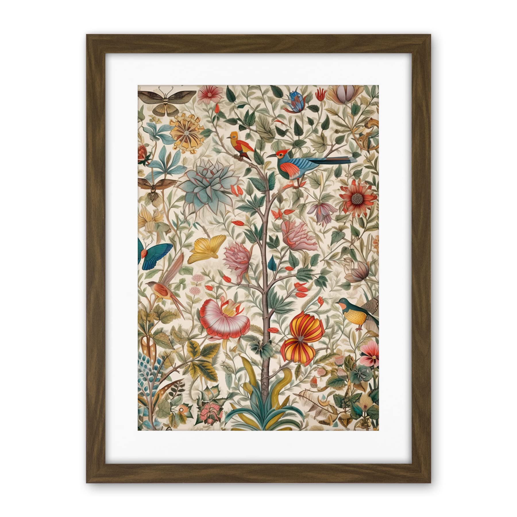 Artery8 Butterflies And Flower Plants Pattern Folk Art Watercolour Painting Artwork Framed Wall Art Print 18X24 Inch