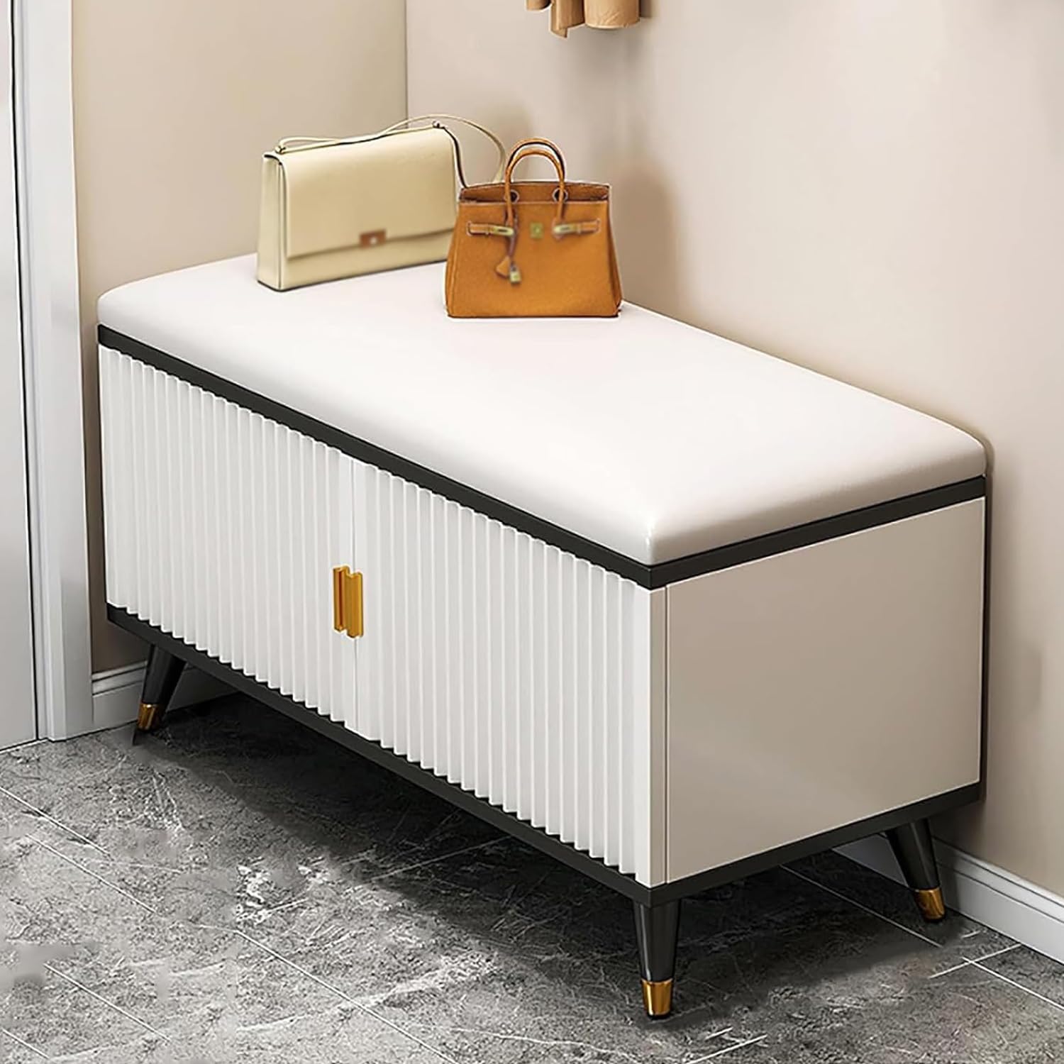 MSHGSKU Hallway Shoe Bench with Cushion Wooden Shoe Rack nizer with Door Stylish Storage for Entryway & Bedroom Black Gold 60x30x50cm Practical Shoe Storage Solution