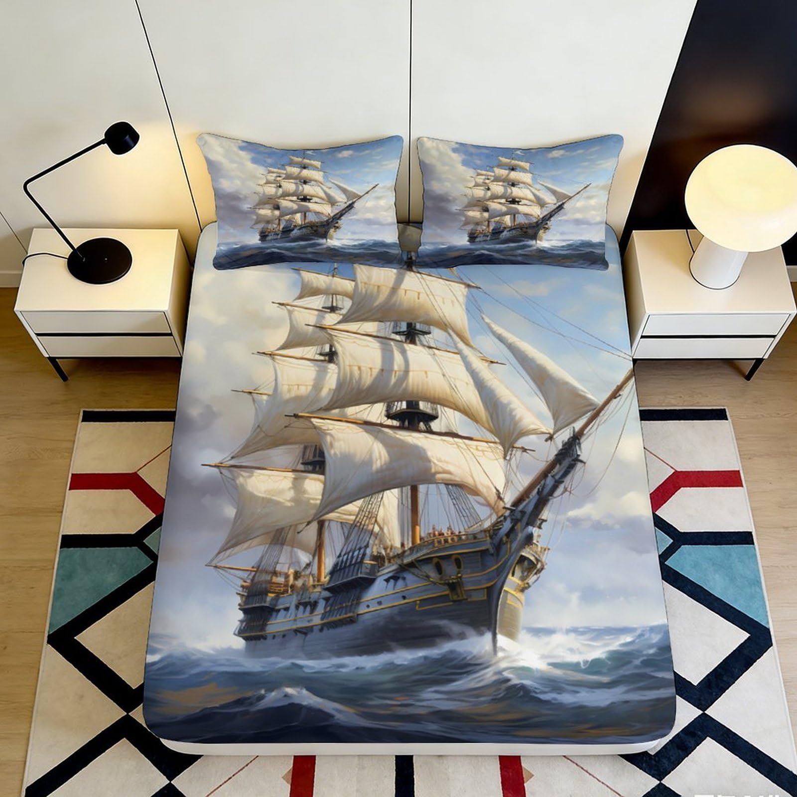 3D Printed Sailing Ship Fitted Sheet Microfiber Soft Durable Ocean Wave Bed Cover with 3D Ship Print Mattress Protection for Bedroom Dorm Room 140x200x25cm