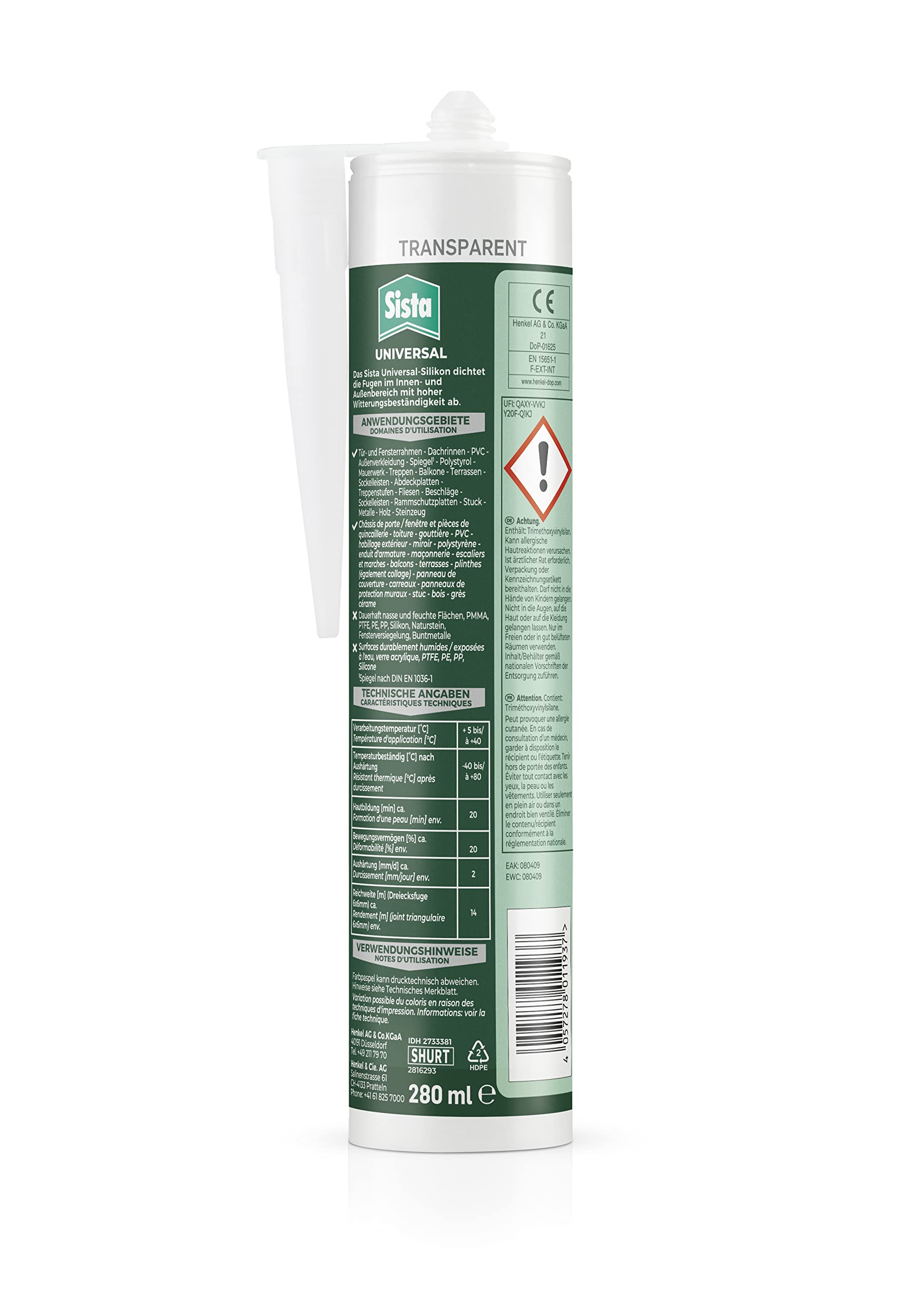 Sista Haus & Bau Universal FlexTec Polymer, Universal-Silikon für Fugen innen & außen, witterungsbeständige Dichtmasse für viele Materialien*, wasserfeste Fugenmasse, 12x280ml Kartusche, transparent
