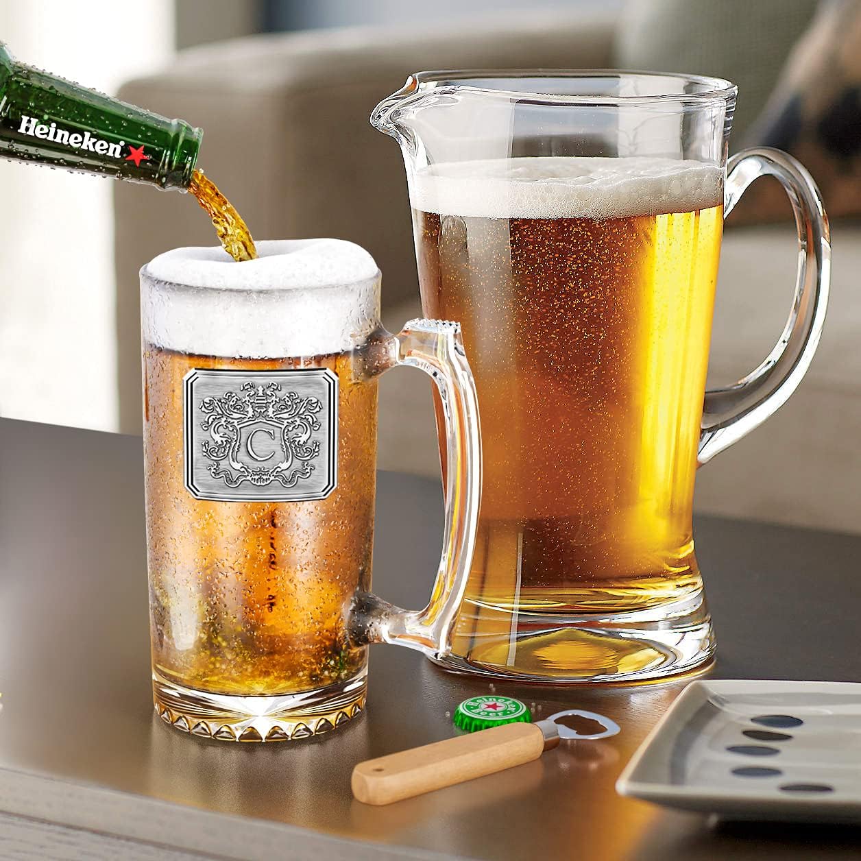 Fine Occasion Customized Beer Mug & Stein with Handle- Personalized Large Beer Glass Freezer Safe with Hand Crafted Pewter Monogram Initial Letter C (25 oz)
