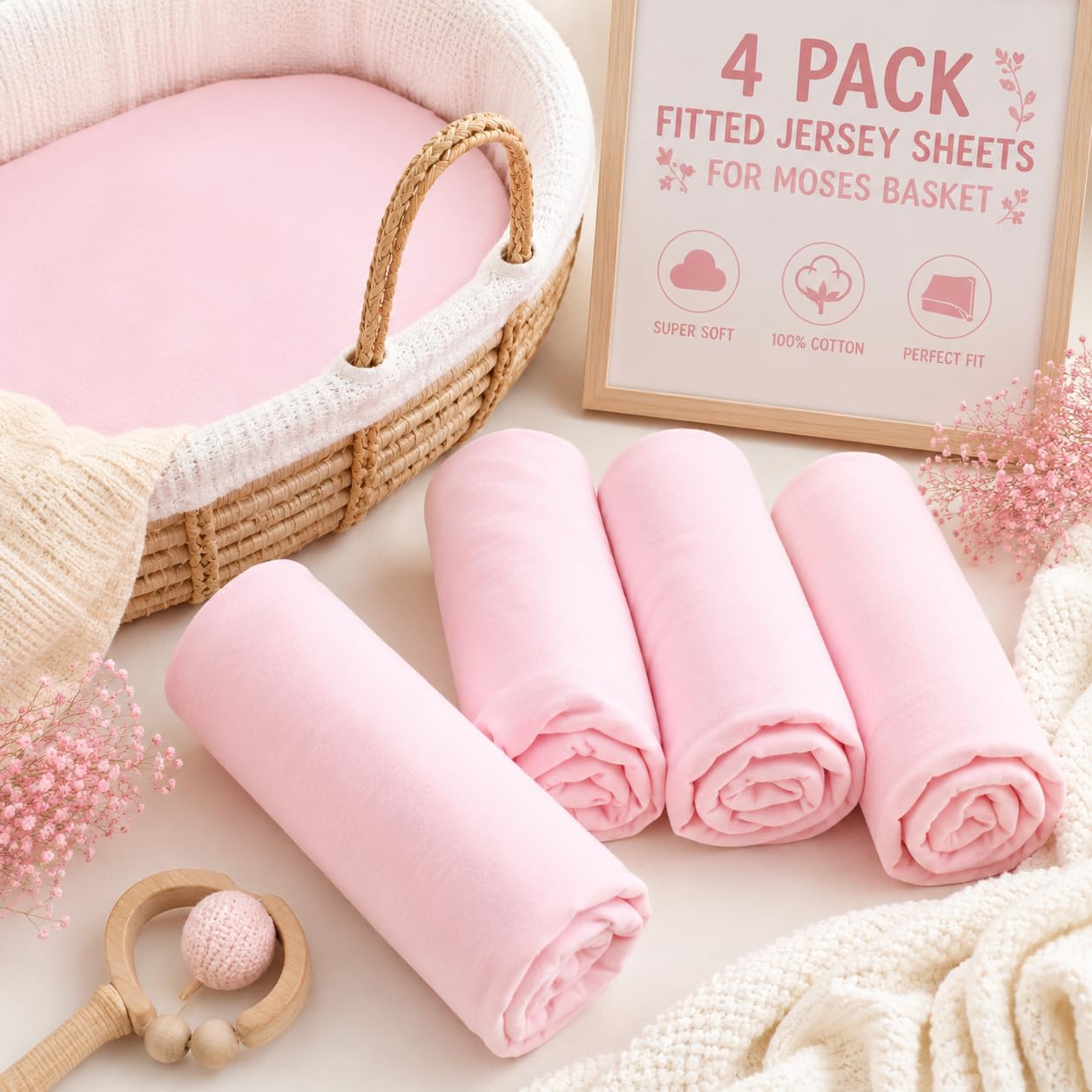 BABYMAM 4 Pack Jersey Fitted Sheets 75 x 30 cm for Moses Basket, Pram Carrycot & Bassinet, 100% Cotton Jersey, Soft Breathable Stretch Fitted Baby Mattress Sheets, Elasticated All Around (Pink)