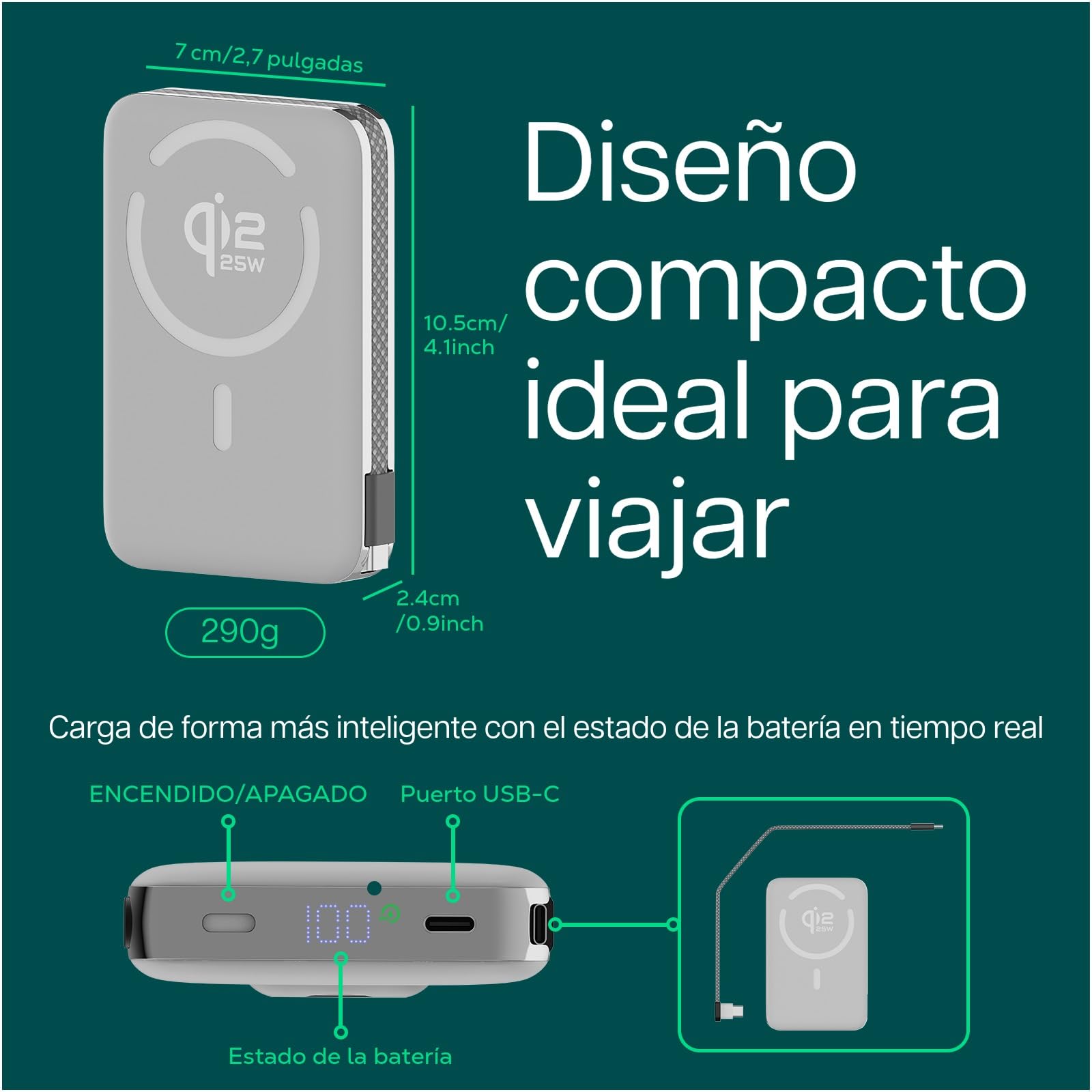Power Bank Magnético Qi2.2 25W Certificado – 10000mAh Cargador Inalámbrico de Carga Rápida – Cable USB-C 35W – Batería Externa para MagSafe – para iPhone 17/16/15/14/13 Pro/MAX de WanderS - Blanco
