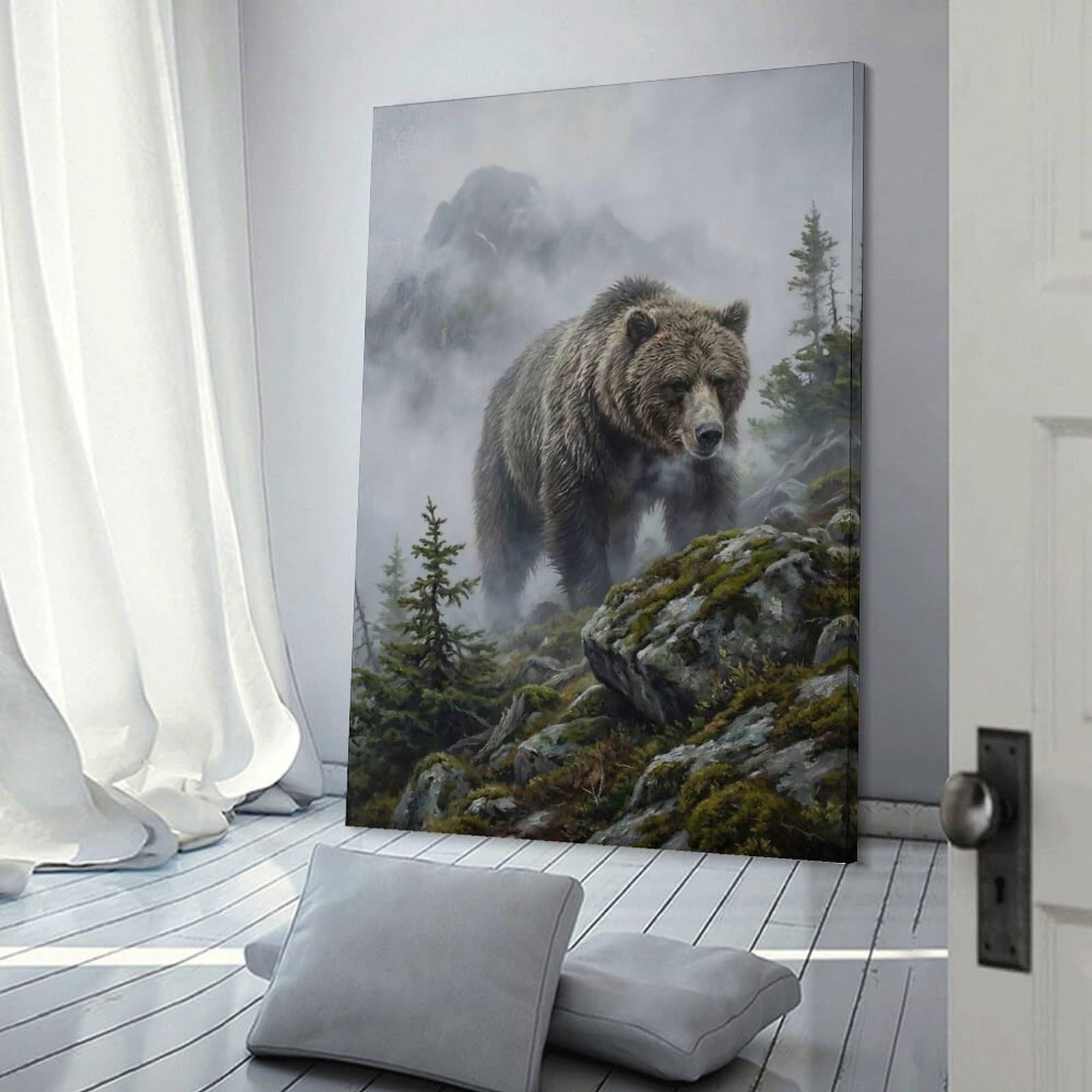Junmoney Grizzly Bear in Misty Mountain Landscape Home Decor Wall Art, 24x36inch(60x90cm), for Lounge, Bedroom Or Personal Spaces, Gift Idea for Housewarming And Birthdays