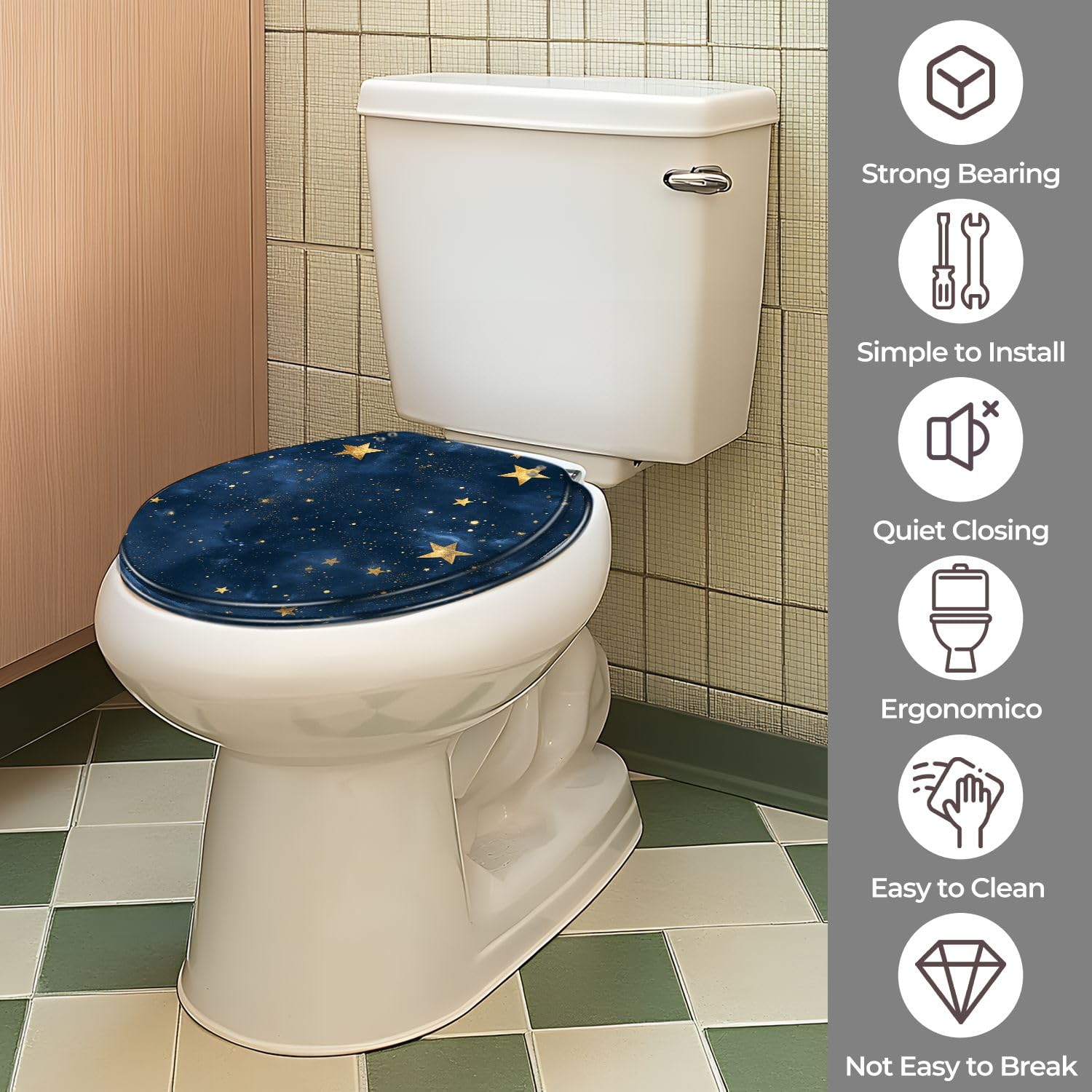 Asiento de inodoro redondo de resina con bisagras de cierre suave y liberación rápida para baño doméstico.