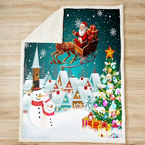 Miniatura 2 de Manfei Christmas Throw Blanket Xmas Tree Snowman Bed Blanket for Kids Girls Room Decor, Santa Claus with Reindeer Blanket for Couch Sofa, Soft and