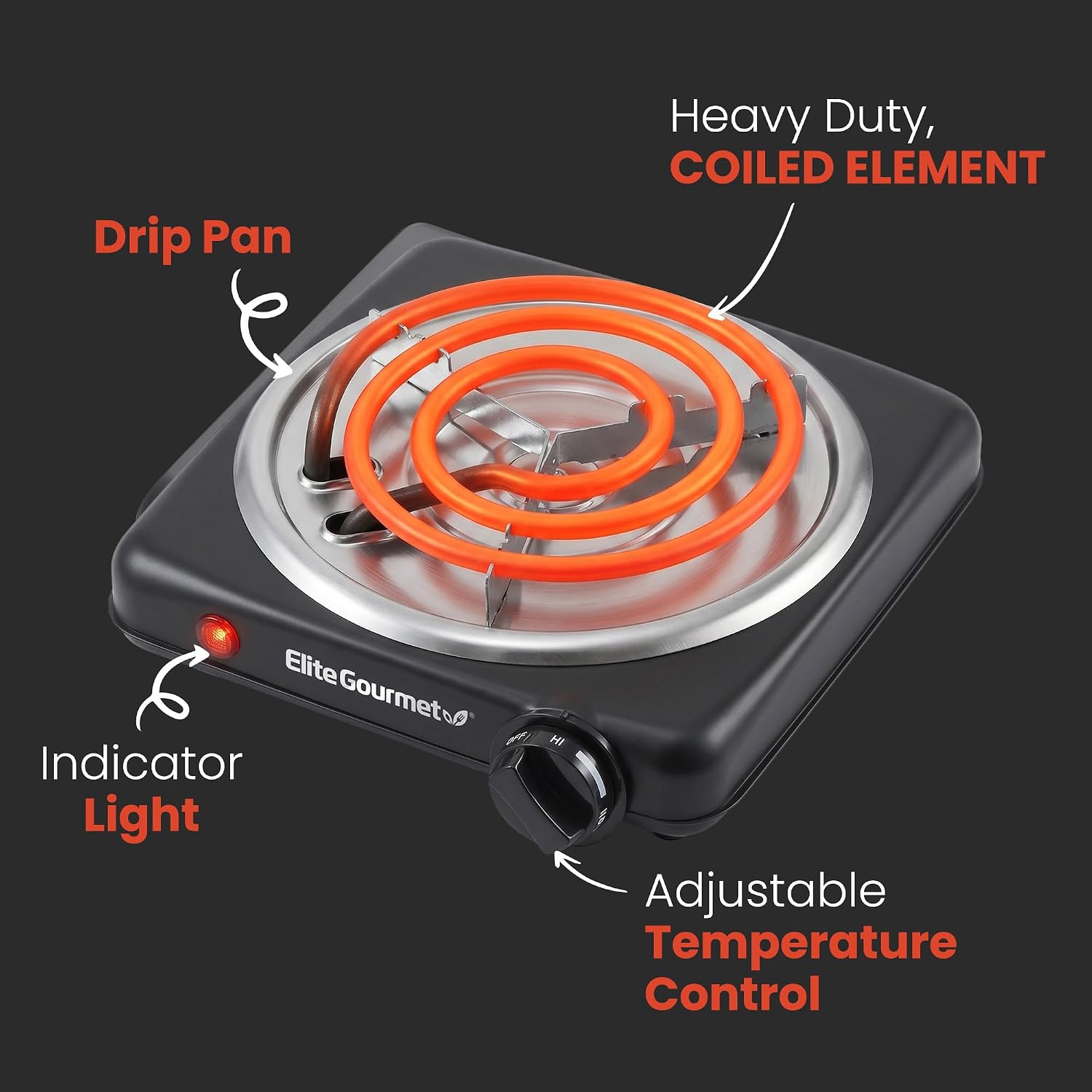 Elite Gourmet ESB200B Electric Single Burner, 1000W Portable Coil Hot Plate with Adjustable Temperature Control, Power Indicator Light, Built-In Drip Pan, Works with All Cookware, Black