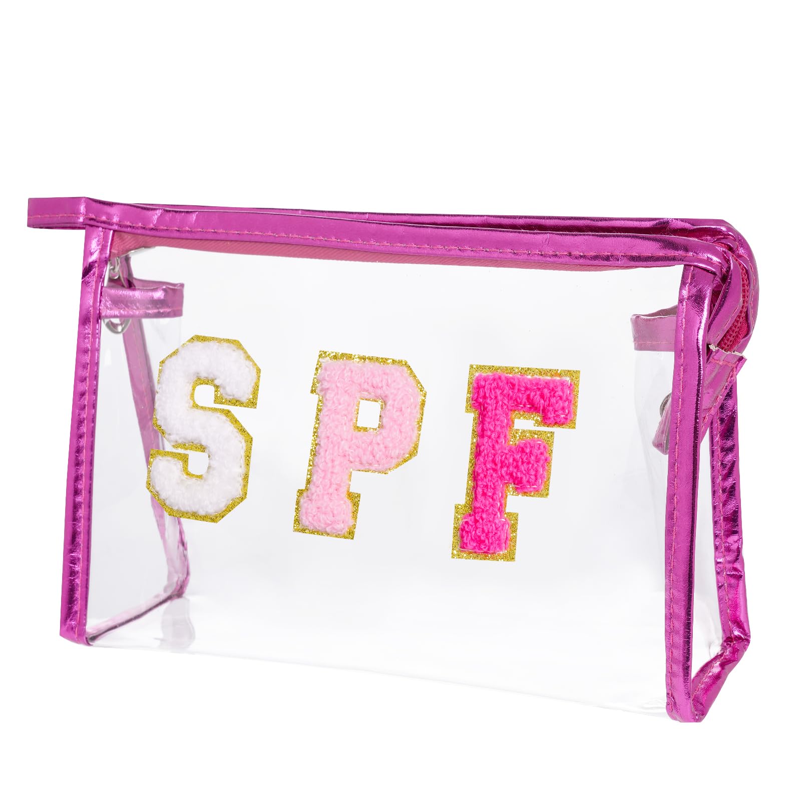 Hmxpls Clear Preppy Patch Makeup Bag, SPF Chenille Letter Bag for Beach, Clear Pouch with Zipper, Preppy Travel Bags Cosmetic Toiletry Bag for Women