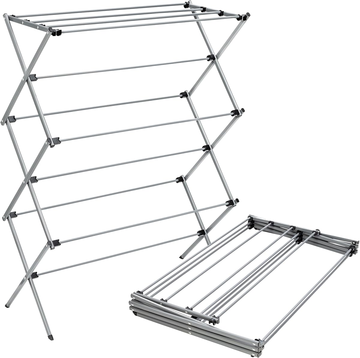 Oversized Collapsible Clothes Drying Rack, 35", 50 lb, Grey | Oversized 35" x 45" steel rack holds 50 lb and folds flat for storage. Air-dry a full load indoors or outdoors.