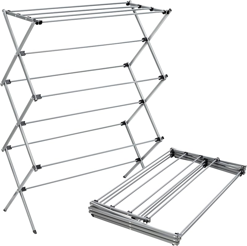 Oversized Collapsible Clothes Drying Rack, 35", 50 lb, Grey | Oversized 35" x 45" steel rack holds 50 lb and folds flat for storage. Air-dry a full load indoors or outdoors.