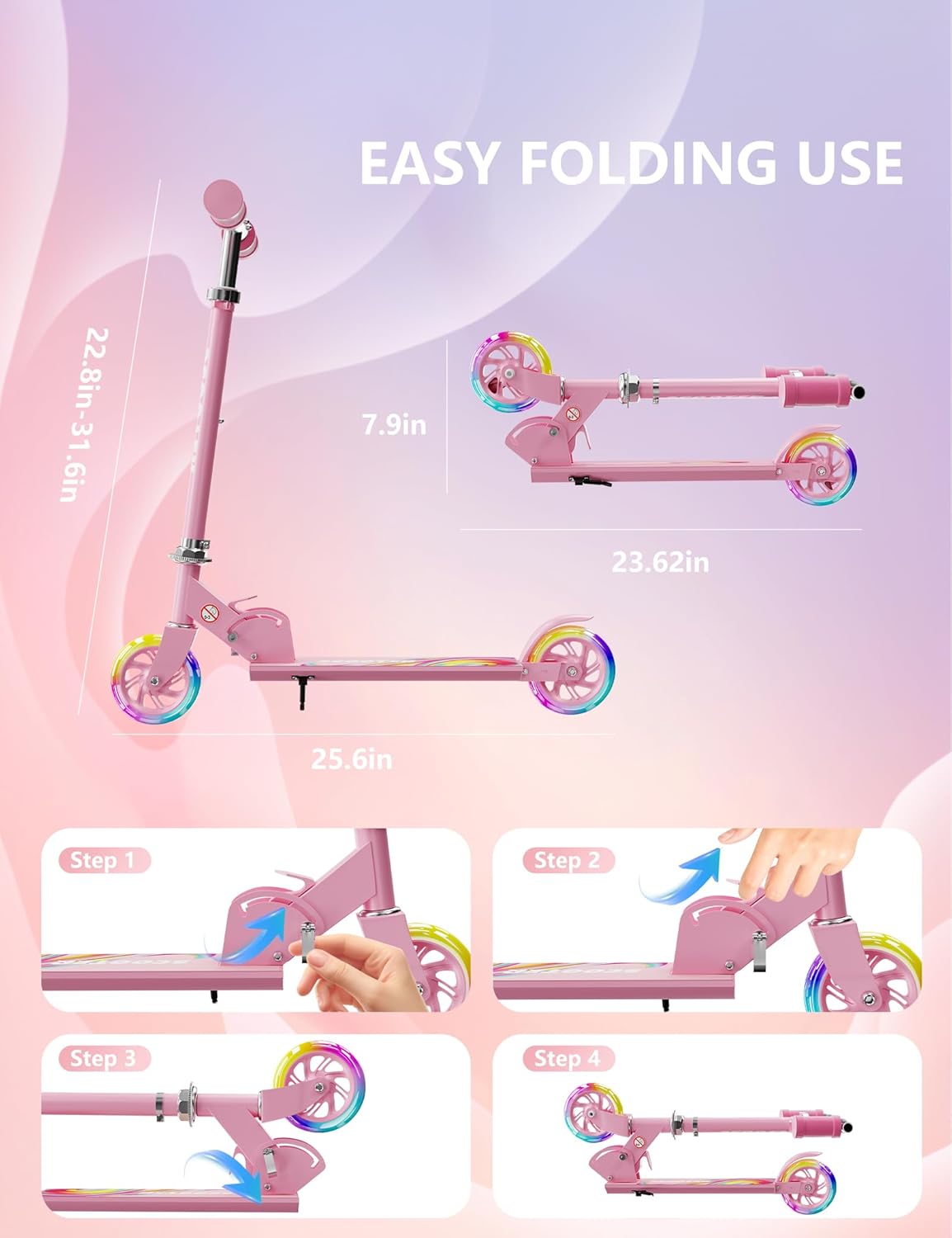Scooter for Kids Ages 3+, Kids Kick Scooter with Led Light Up, Girly Pink Scooter with 3 Levels Adjustable, Lightweight Foldable Scooter for Boys&Girls Christmas Birthday Gift - Image 6