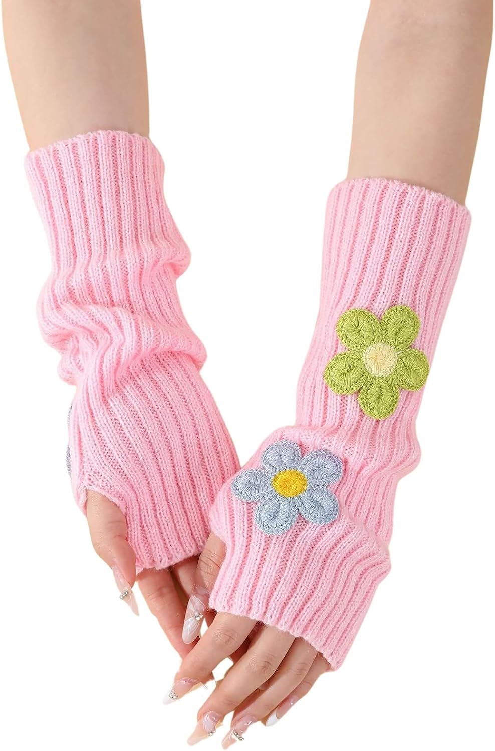 Cute Knitted Flower Arm Warmers, Kawaii Arm Warmers Y2K, Harajuku Fingerless Gloves for Women
