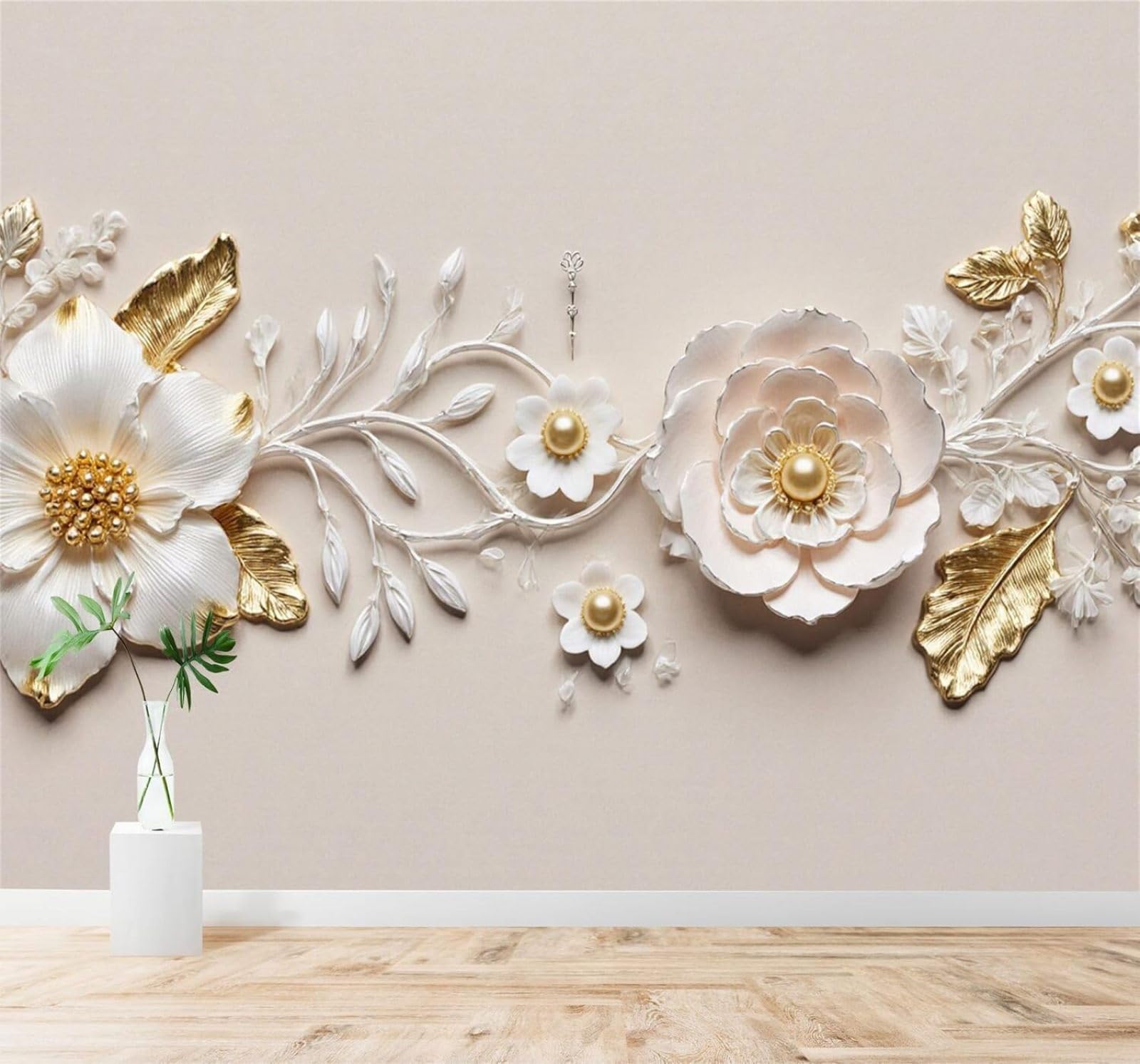 XLMING Relief White and Gold Floral Art Elegant Petals Leaves 3D Wallpaper Silky Texture Home Study Office Grey Dining Room Sofa Bedroom Living Room TV Backdrop-200cm×140cm