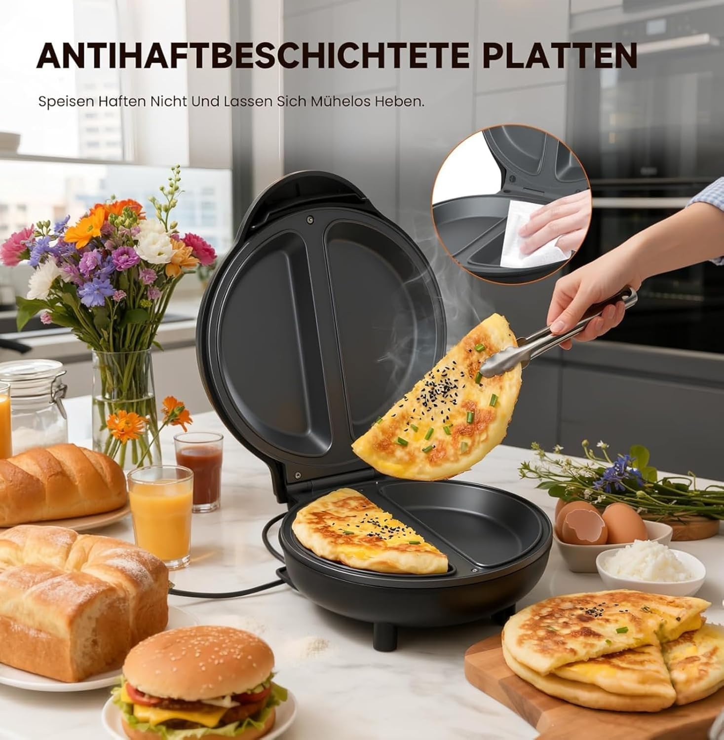 Dual Zone Electric Omelette Maker, Compact Countertop Cooker, Cool-Touch Handle, Easy Breakfast Cooking, Dual Zone Omelette Maker for 2 Omelettes, Pancakes & Sandwiches
