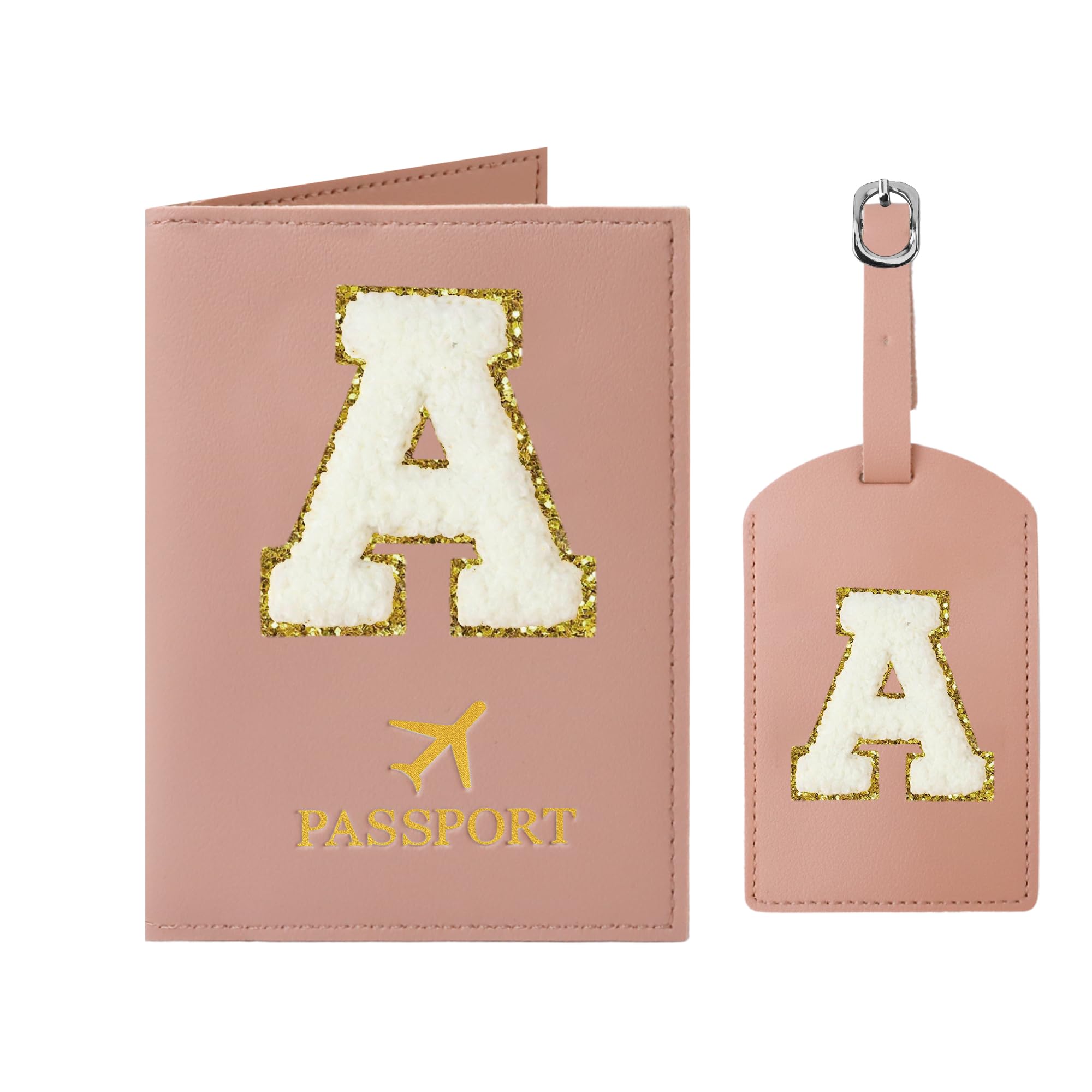 Pink Leather Passport Holder, Case and Luggage Tags - Initialed Chenille Patch - Family Travel Essentials