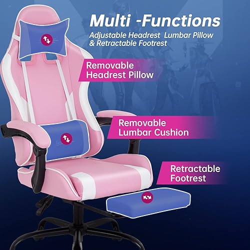 Miniatura 31 de Silla de oficina para videojuegos, silla de escritorio con reposapiés, soporte lumbar, reposacabezas y reposabrazos, giratoria, ergonómica, para