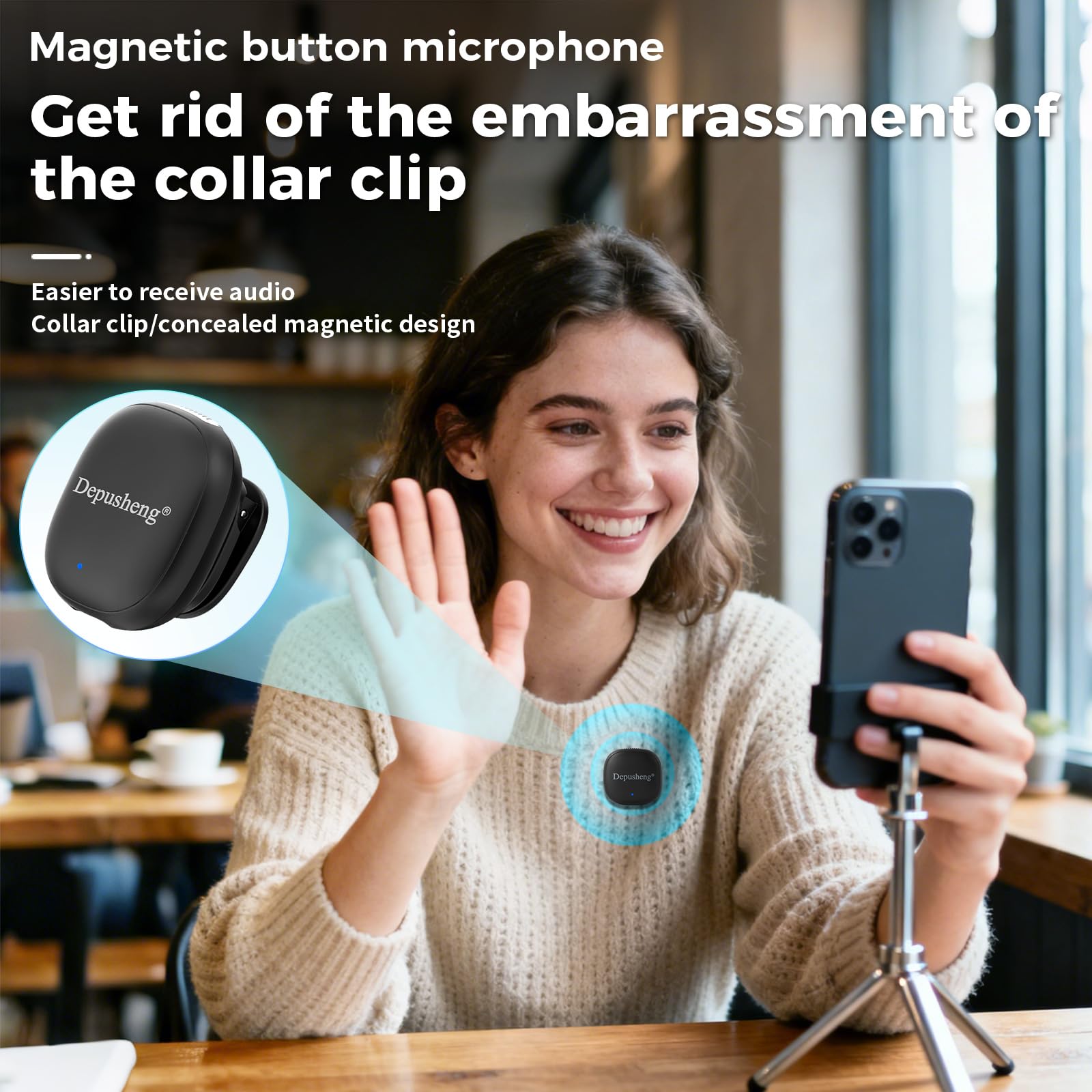 Depusheng V2 Lot de 2 microphones Lavalier sans fil pour iPhone, iPad et Android avec étui de charge, 8 heures d'autonomie, microphone à clipser pour enregistrement vidéo, vlogging, YouTube