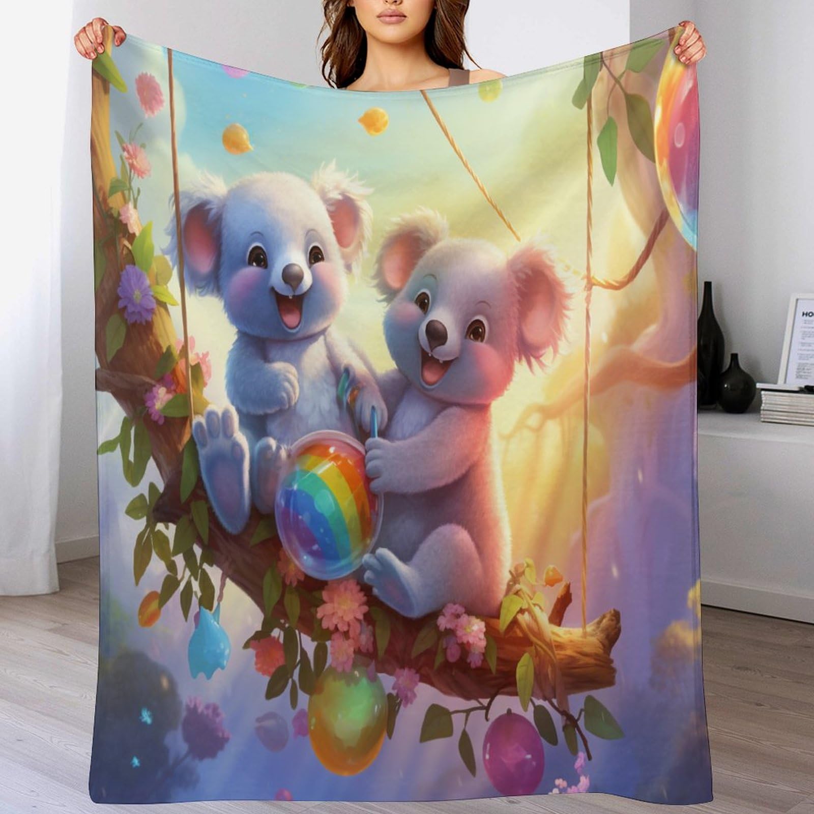 Manta de franela con estampado de koala de 180x200 para cama infantil y sofa