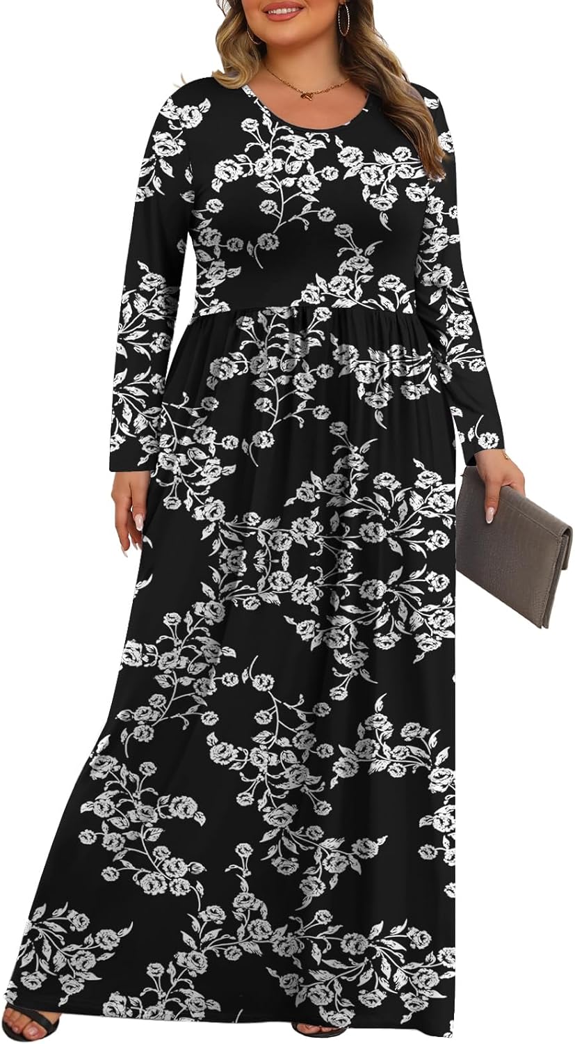 Tencede Womens Plus Size Maxi Dresses Long Sleeve with Pockets Casual Long Dress 1X-5X - Image 3