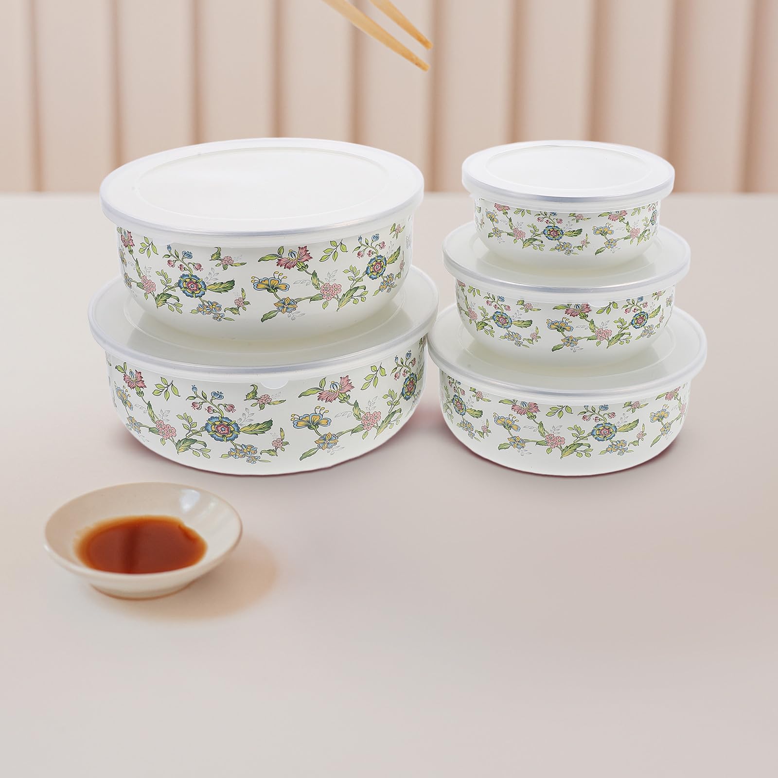 Set di 5 Ciotole Smaltate Vintage con Coperchio per Alimenti