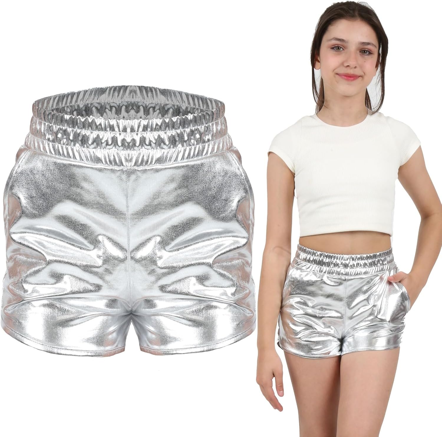 Girls Metallic Hot Shiny Sparkly Dance Outfits Sport Atletic Shorts Pants