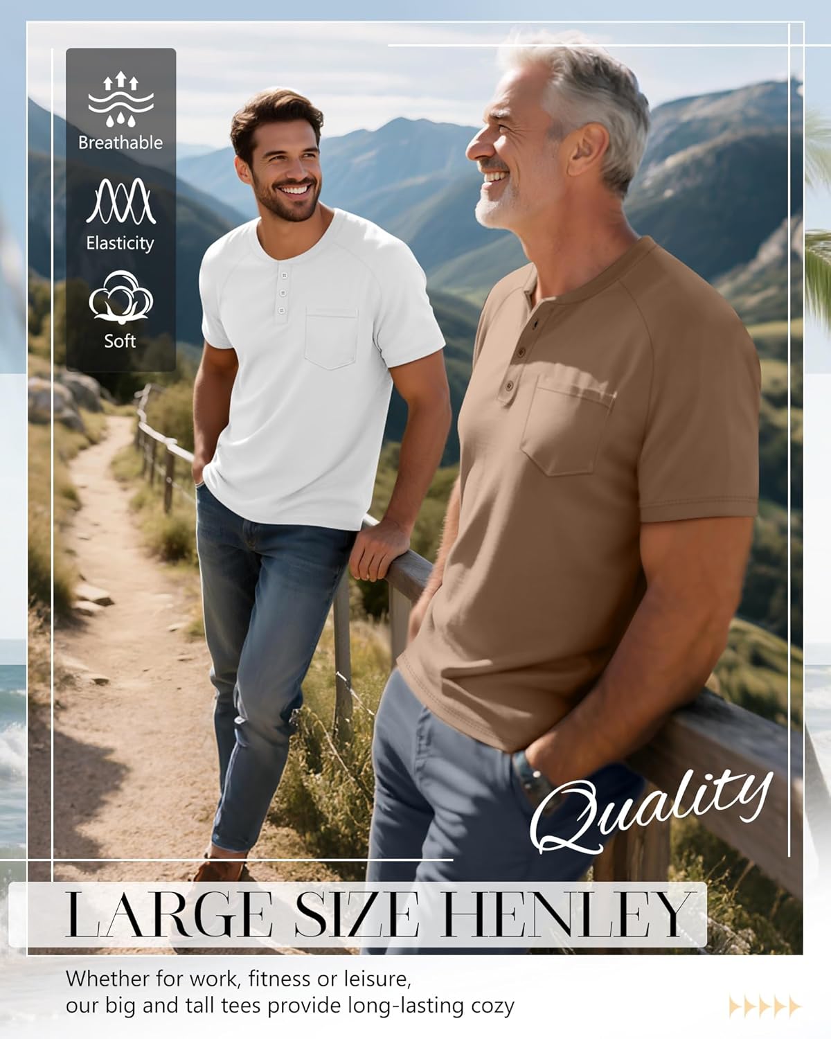 August Alley 3 Pack Men's Big and Tall Henley T-Shirts, Short Sleeve Raglan Button Pullover Summer Basic Tee Tops with Pocket